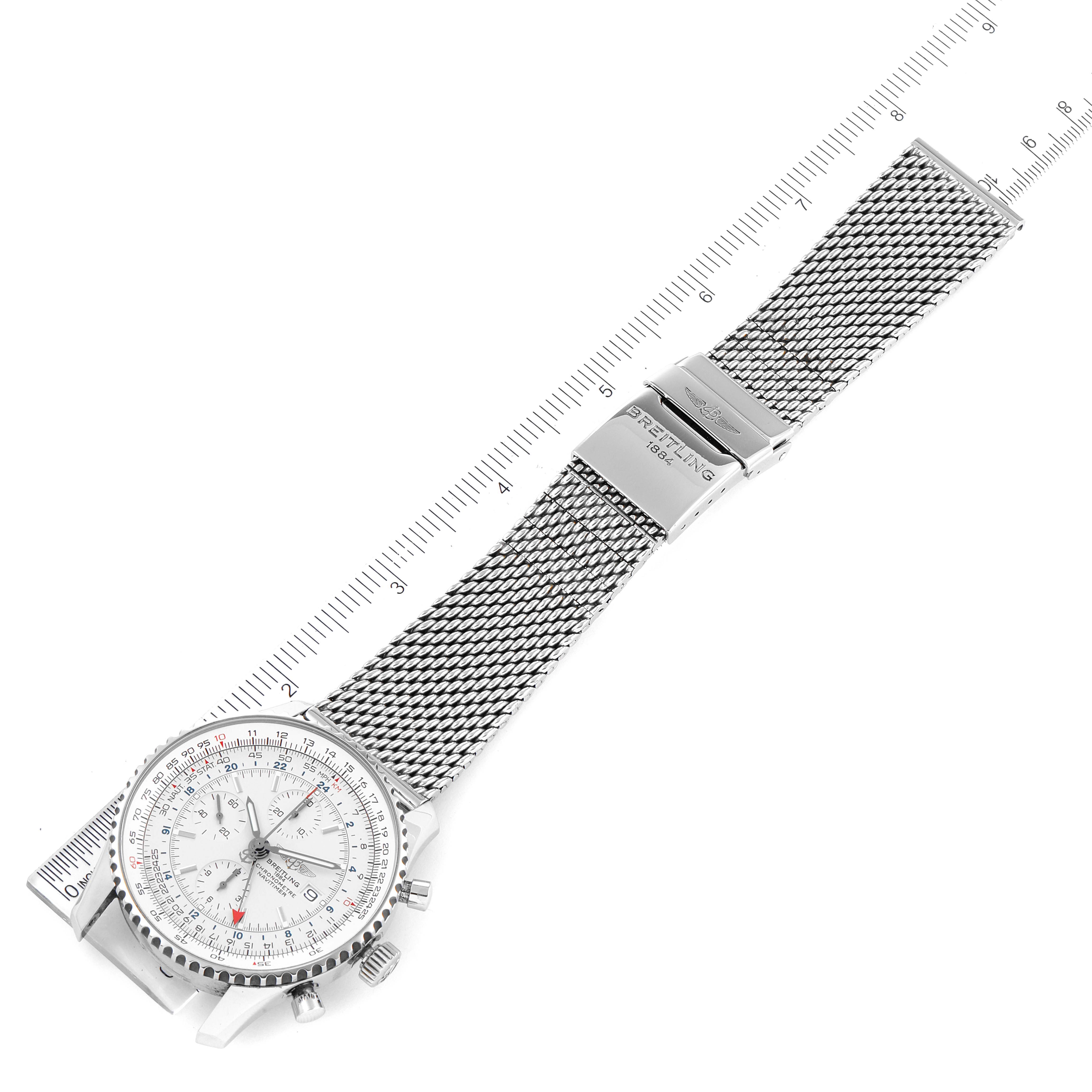 The Breitling Navitimer A24322 Men's Stainless Steel Silver Dial A24322 Men's Stainless Steel Silver Dial watch is shown at a diagonal angle, displaying the dial, meshed bracelet, and clasp with logo.