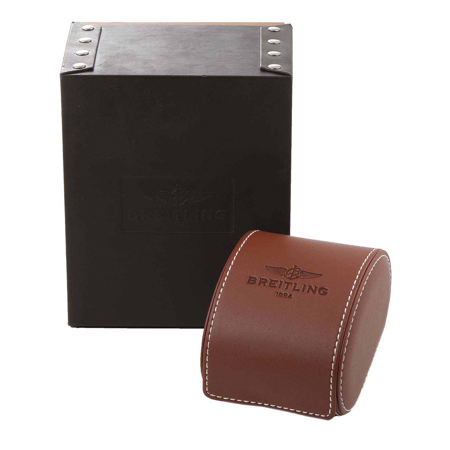 The image shows the watch box and a leather travel case for a Breitling Navitimer A24322 Men's Stainless Steel Silver Dial A24322 Men's Stainless Steel Silver Dial.