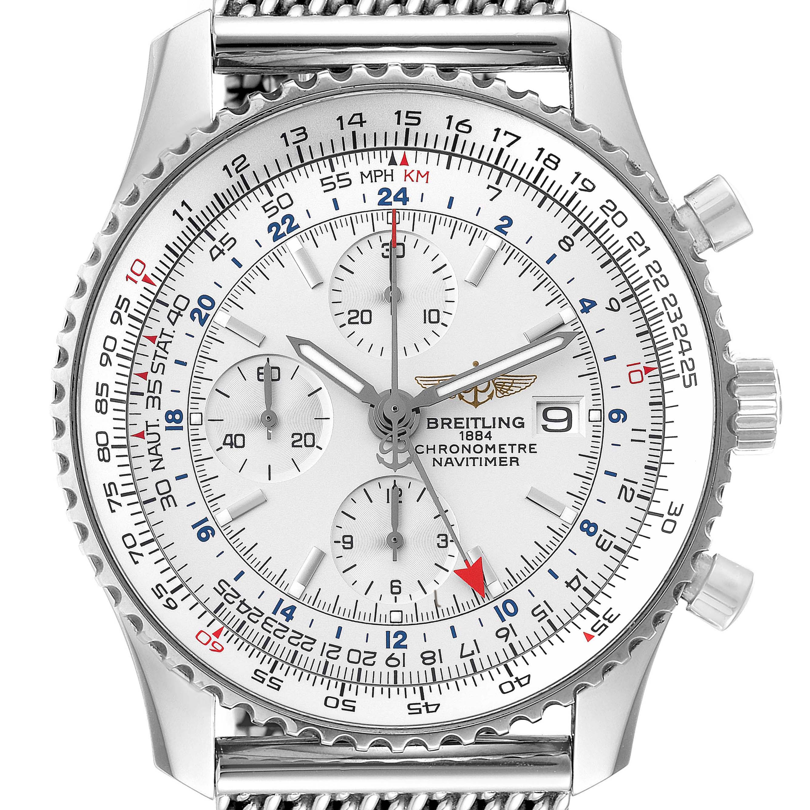 The image shows a close-up, front view of a Breitling Navitimer A24322 Men's Stainless Steel Silver Dial A24322 Men's Stainless Steel Silver Dial watch, highlighting its face, bezel, and chronograph subdials.