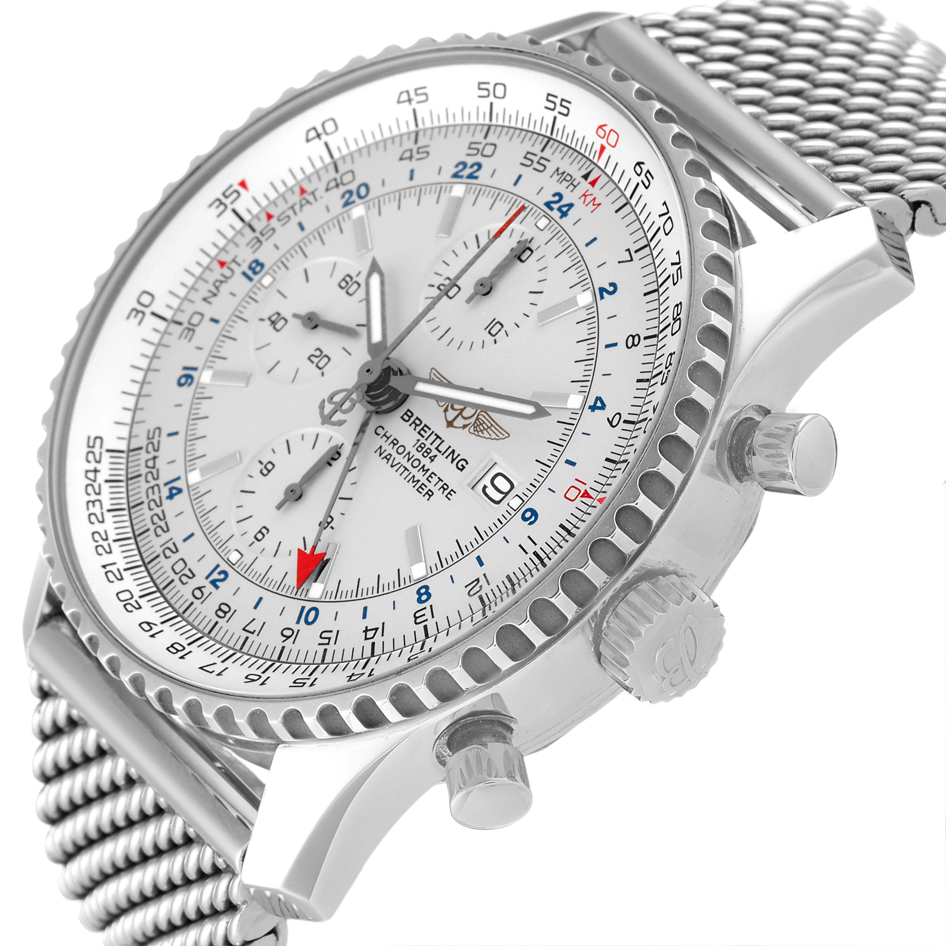 The image shows a side angle of a Breitling Navitimer A24322 Men's Stainless Steel Silver Dial A24322 Men's Stainless Steel Silver Dial watch, highlighting the dial, bezel, crown, and chronograph pushers.