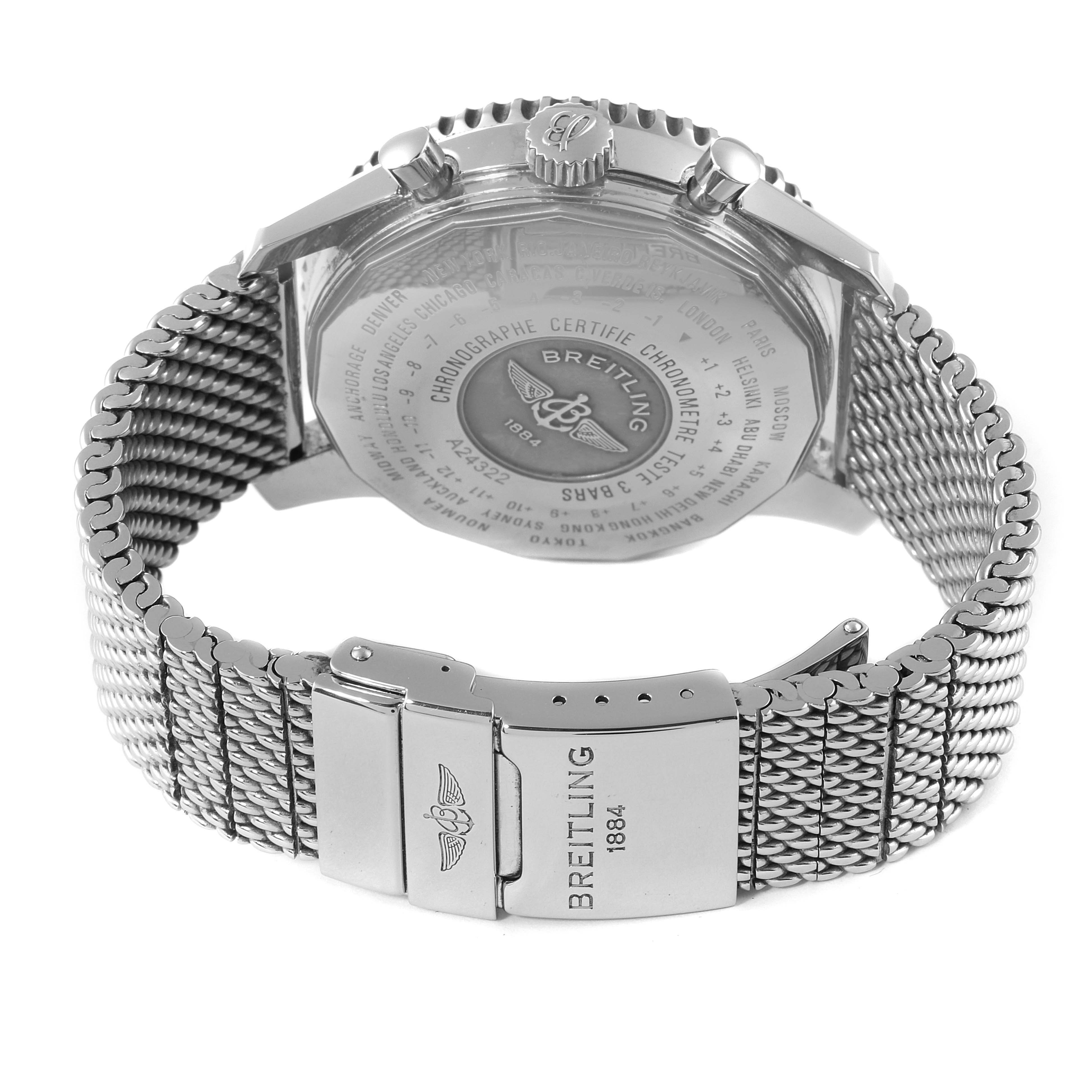 The image shows the back case and mesh bracelet of the Breitling Navitimer A24322 Men's Stainless Steel Silver Dial A24322 Men's Stainless Steel Silver Dial model.