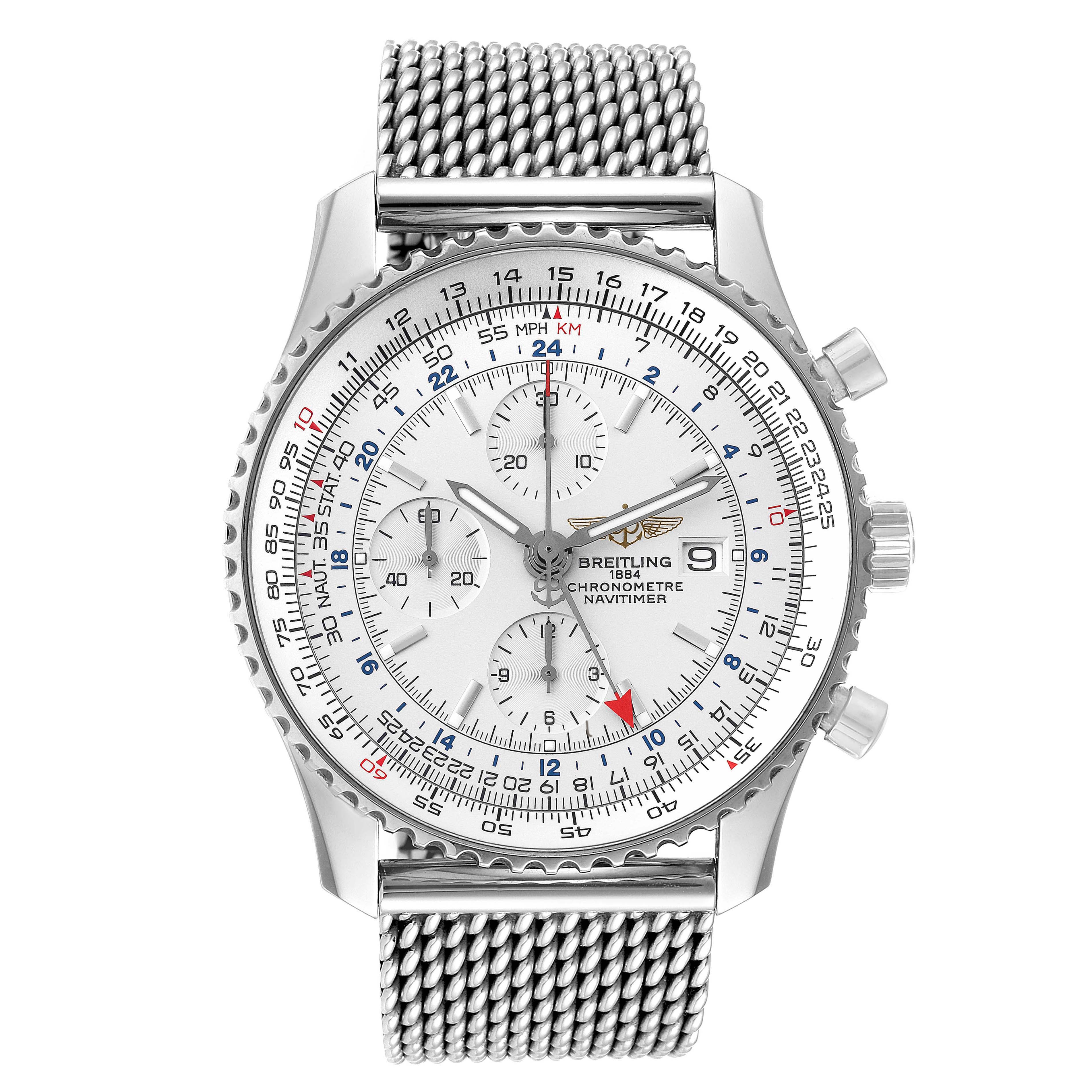 The image shows a front view of the Breitling Navitimer A24322 Men's Stainless Steel Silver Dial A24322 Men's Stainless Steel Silver Dial watch, displaying its dial, bezel, and mesh bracelet.