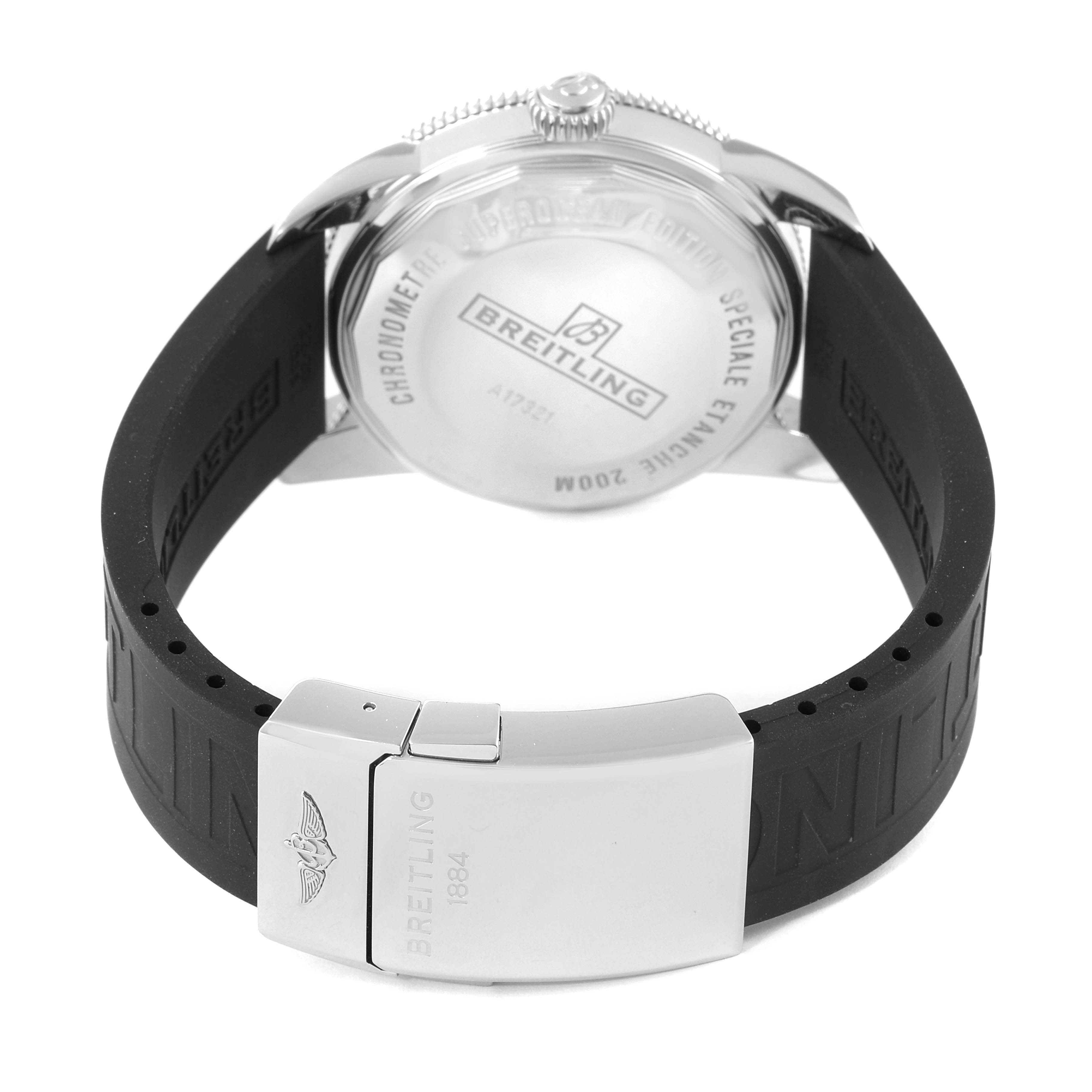 The image shows the back view of the Breitling Transocean watch, highlighting the case back and rubber strap with a clasp.