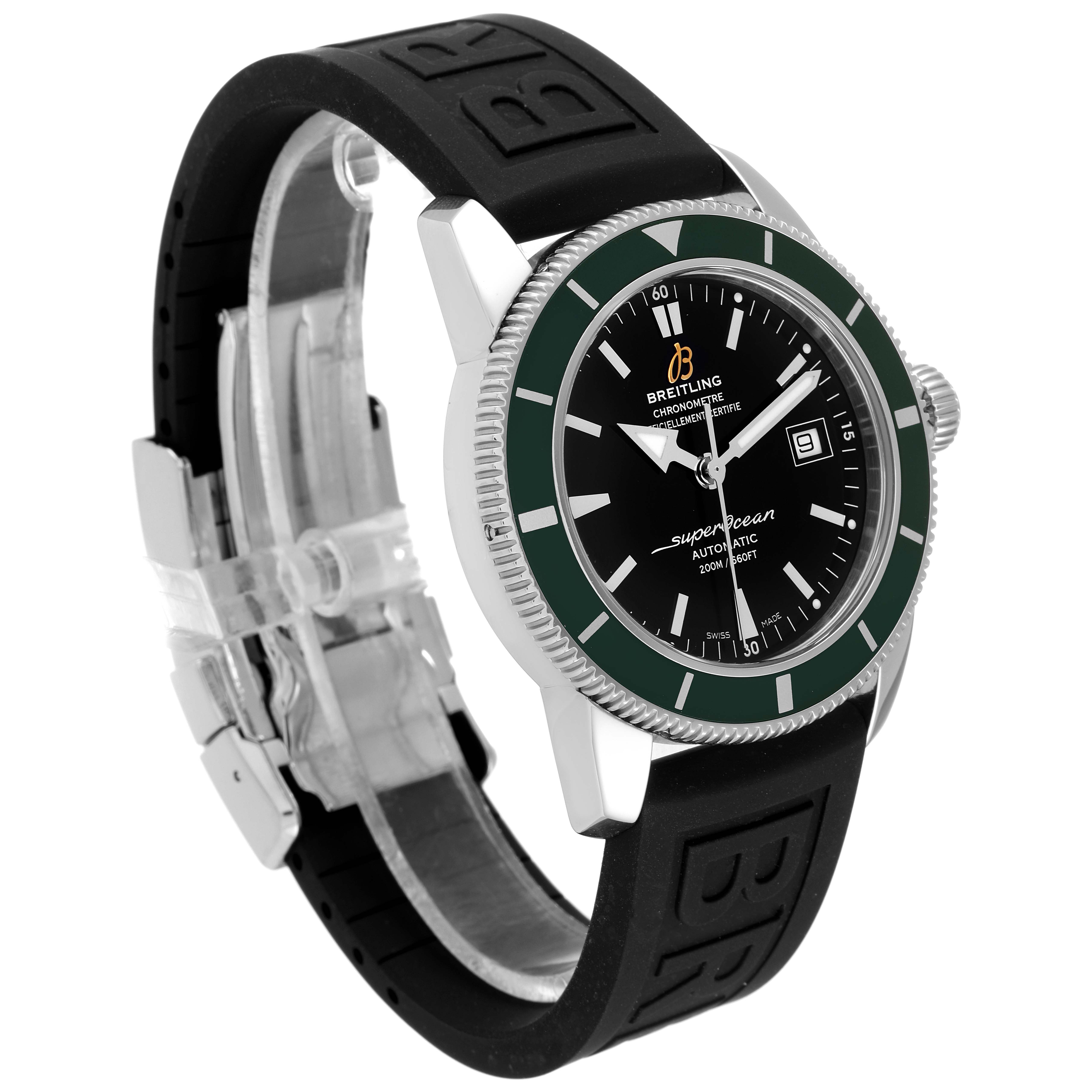 The image shows a side angle of a Breitling Transocean watch, featuring its bezel, dial, crown, and black rubber strap.