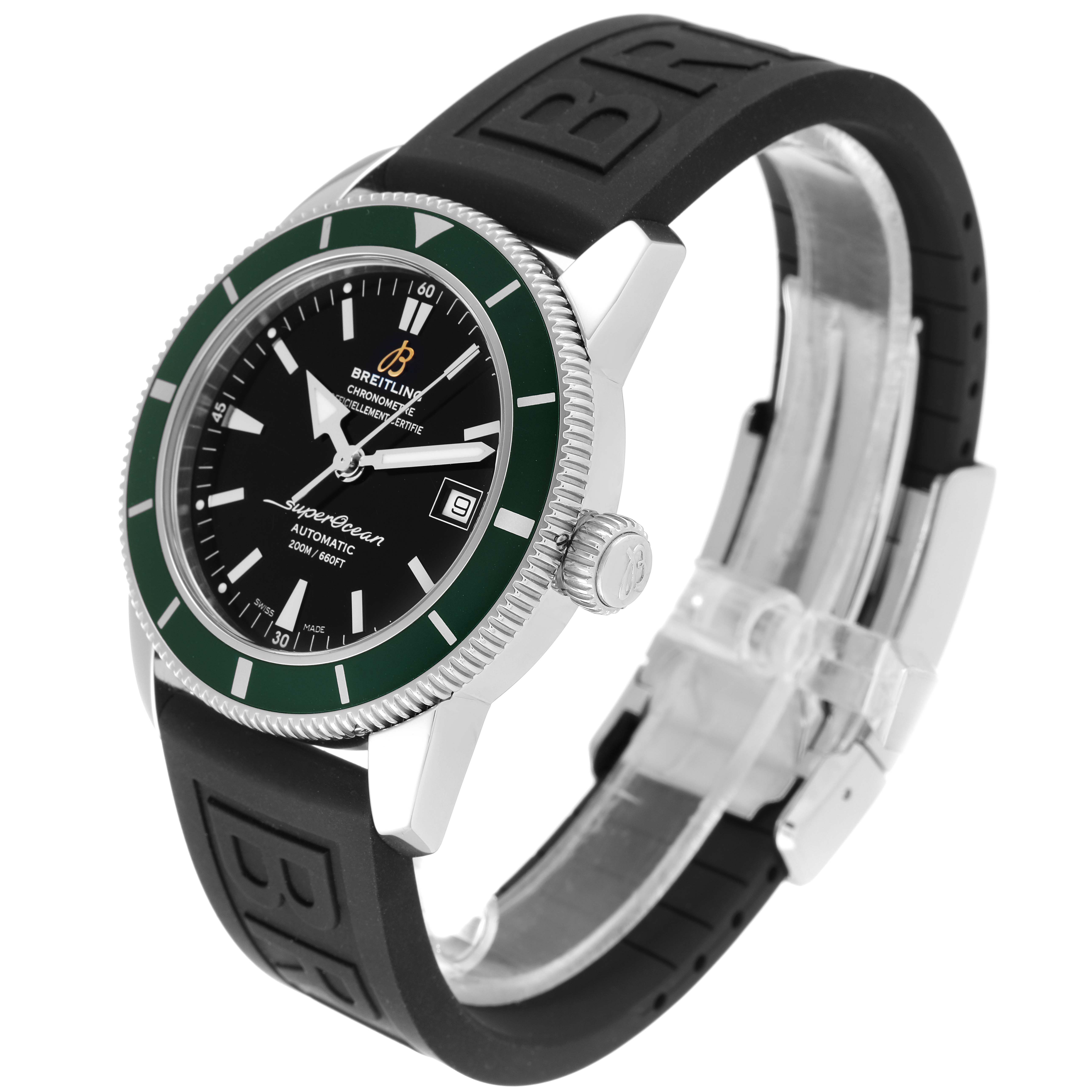 The Breitling Transocean watch is shown at a slight side angle, highlighting the bezel, face, crown, and black rubber strap.