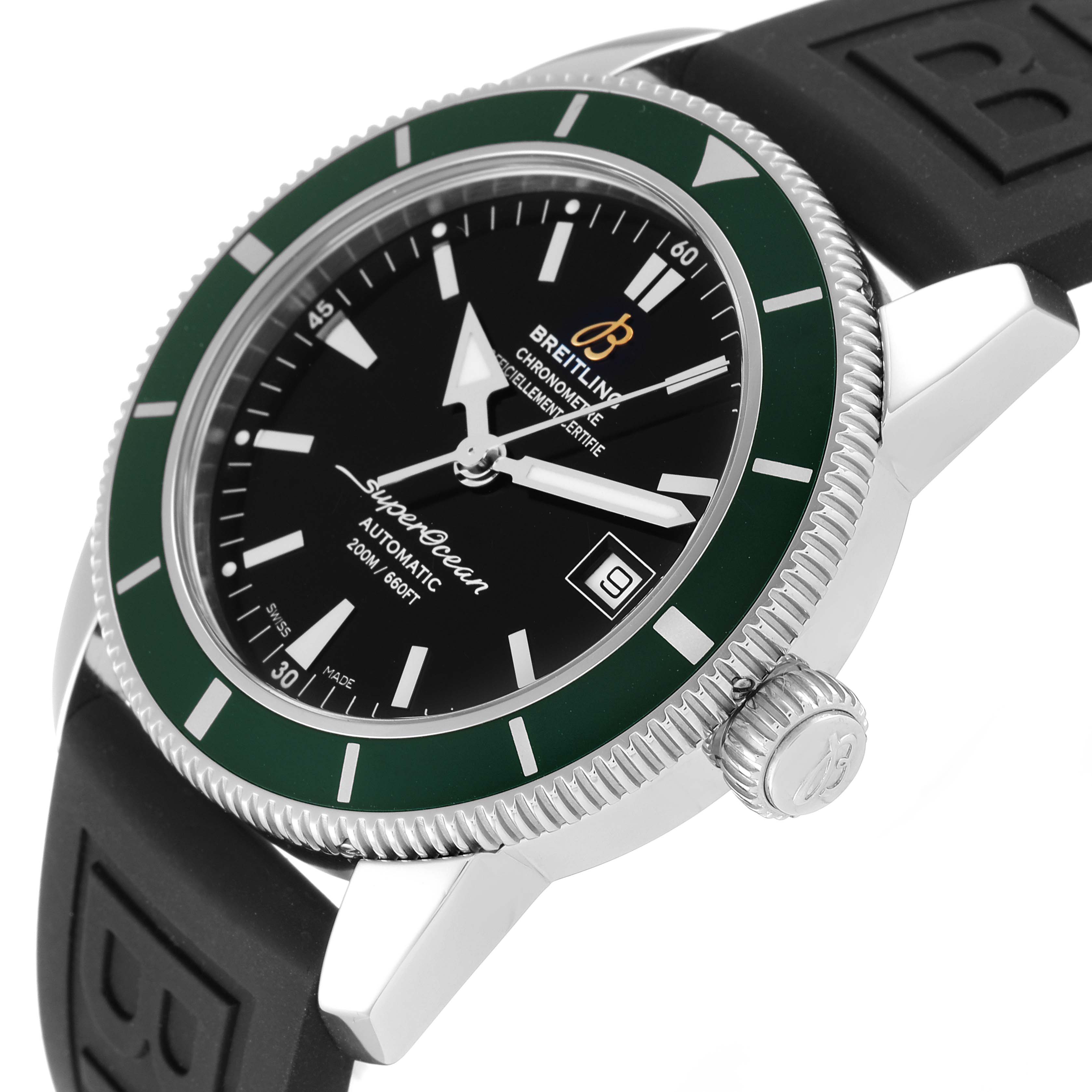 The image shows a side angle of a Breitling Transocean watch, highlighting the face, bezel, crown, strap, and part of the case.