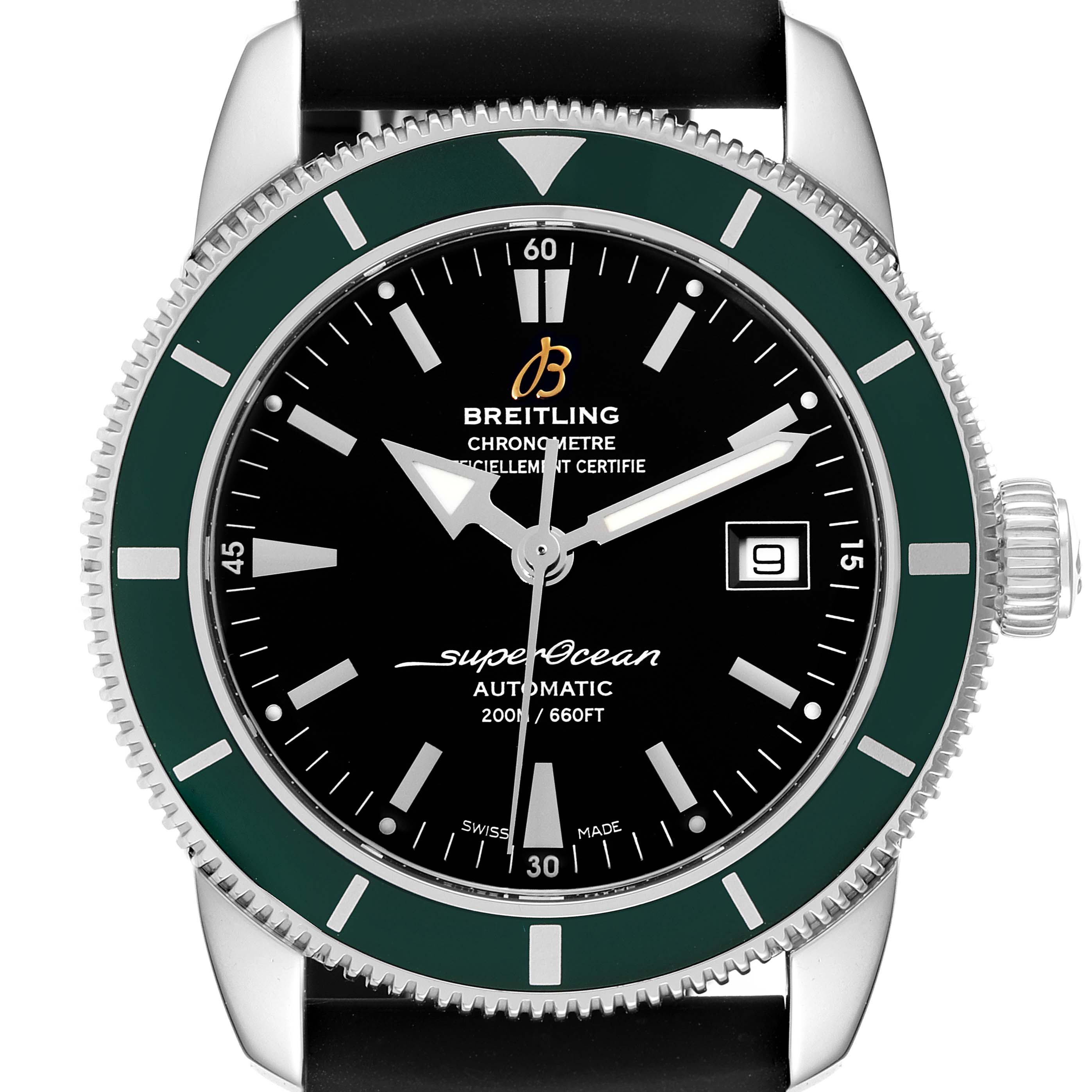 The image displays a front angle view of the Breitling Superocean A17321 Men's Stainless Steel Black Dial A17321 Men's Stainless Steel Black Dial watch, showing its face, bezel, and crown.