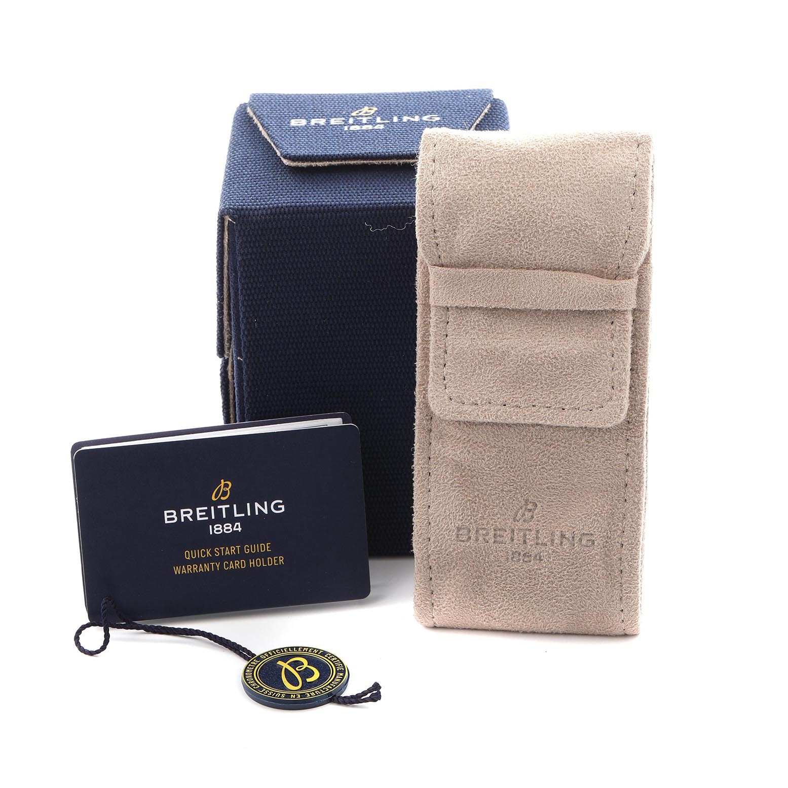 The image shows a Breitling Superocean A10370 Men's Stainless Steel Brown Dial A10370 Men's Stainless Steel Brown Dial package with a blue box, beige suede pouch, warranty card, and a tag.
