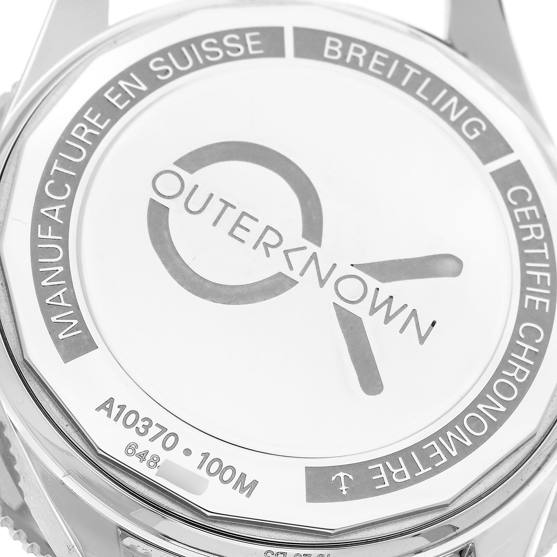 The image shows the back case of the Breitling Superocean A10370 Men's Stainless Steel Brown Dial A10370 Men's Stainless Steel Brown Dial watch, highlighting engravings and branding details.