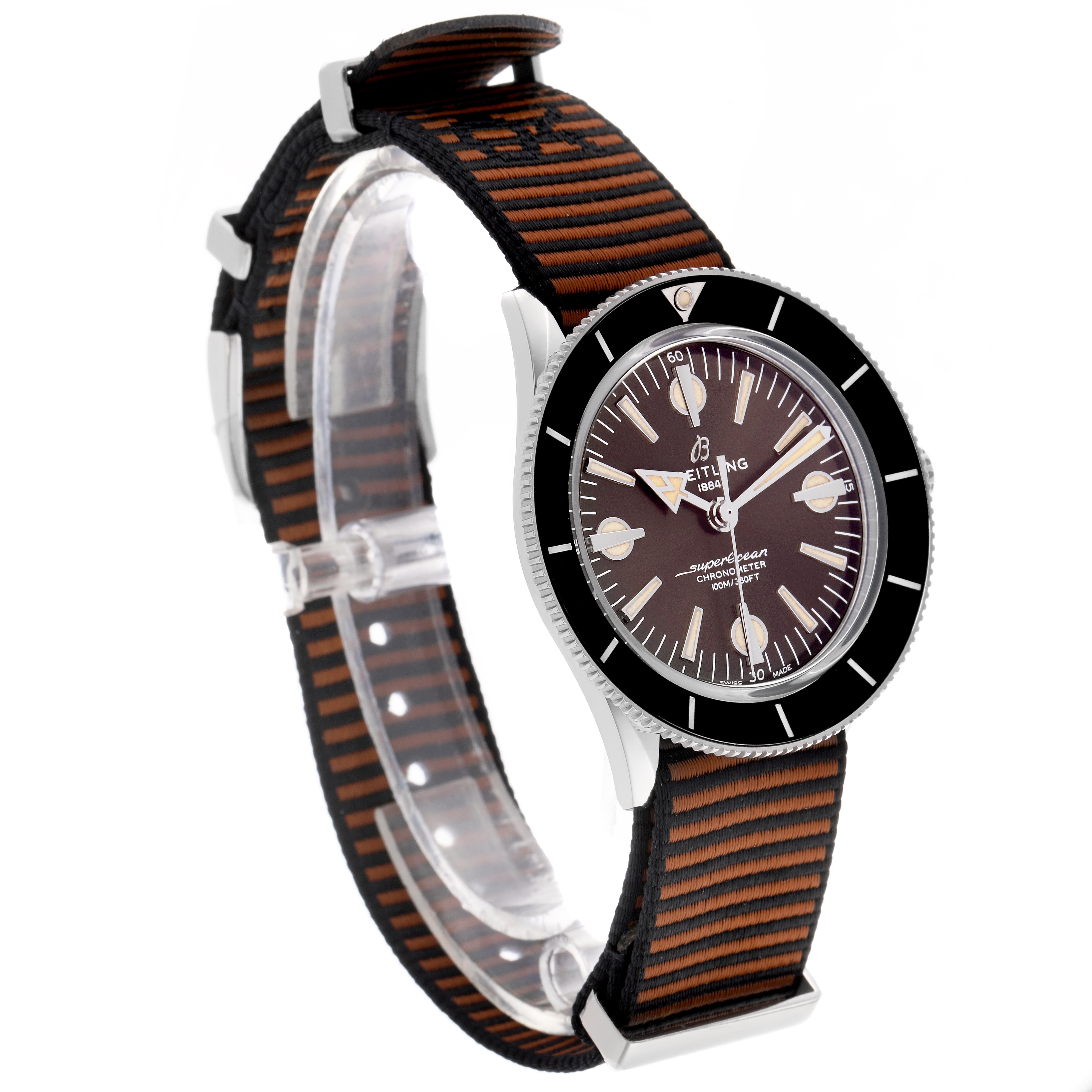 The Breitling Superocean A10370 Men's Stainless Steel Brown Dial A10370 Men's Stainless Steel Brown Dial watch is shown at a slight angle, highlighting the dial, bezel, case, and strap.