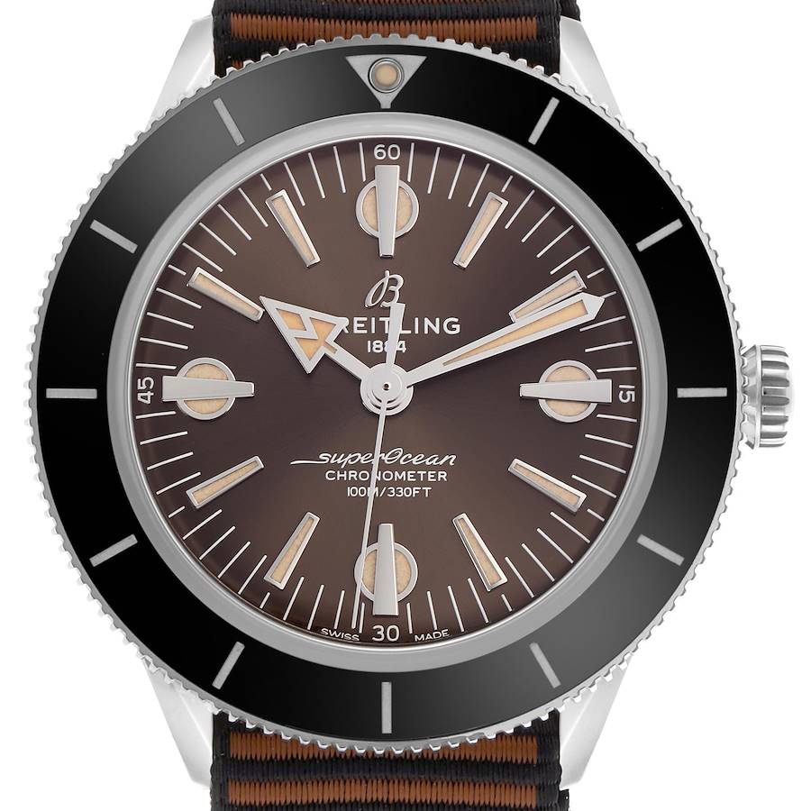 The Breitling Superocean watch is shown from the front, displaying the dial, hands, crown, and part of the strap.
