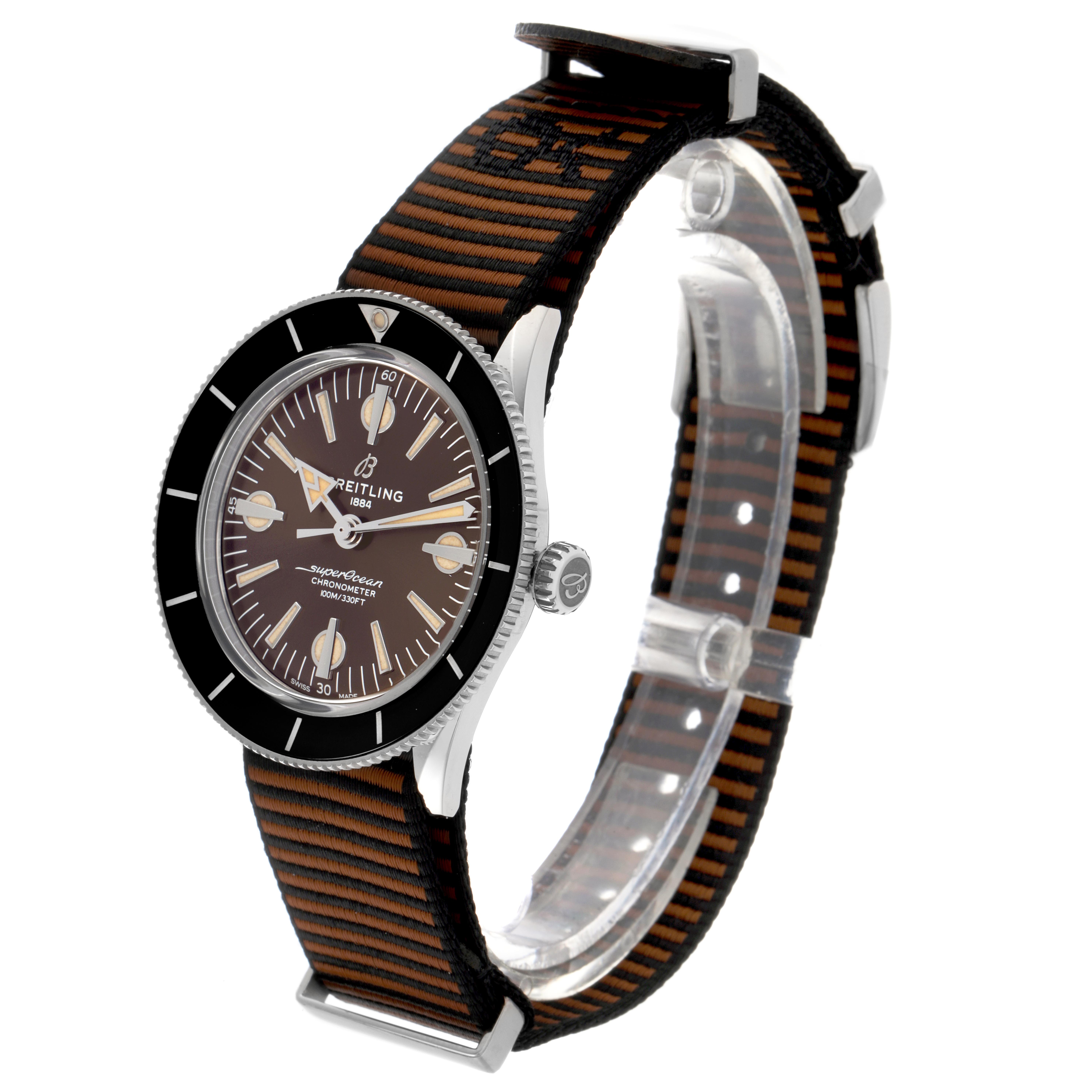 The Breitling Superocean A10370 Men's Stainless Steel Brown Dial A10370 Men's Stainless Steel Brown Dial watch is shown at a three-quarter angle, highlighting the dial, bezel, crown, and striped strap.