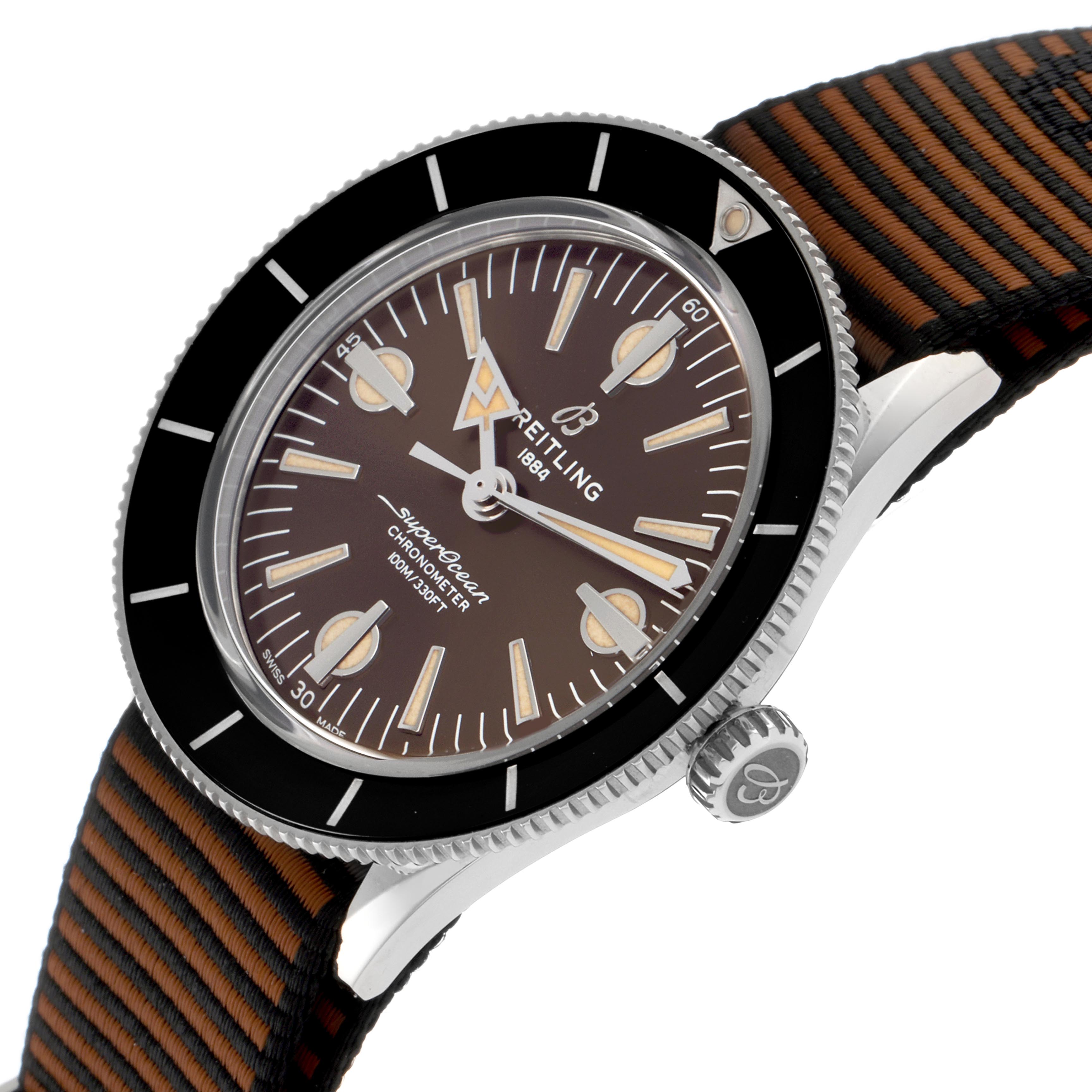 The Breitling Superocean A10370 Men's Stainless Steel Brown Dial A10370 Men's Stainless Steel Brown Dial watch is shown at a slight angle, displaying the dial, bezel, crown, and part of the strap.