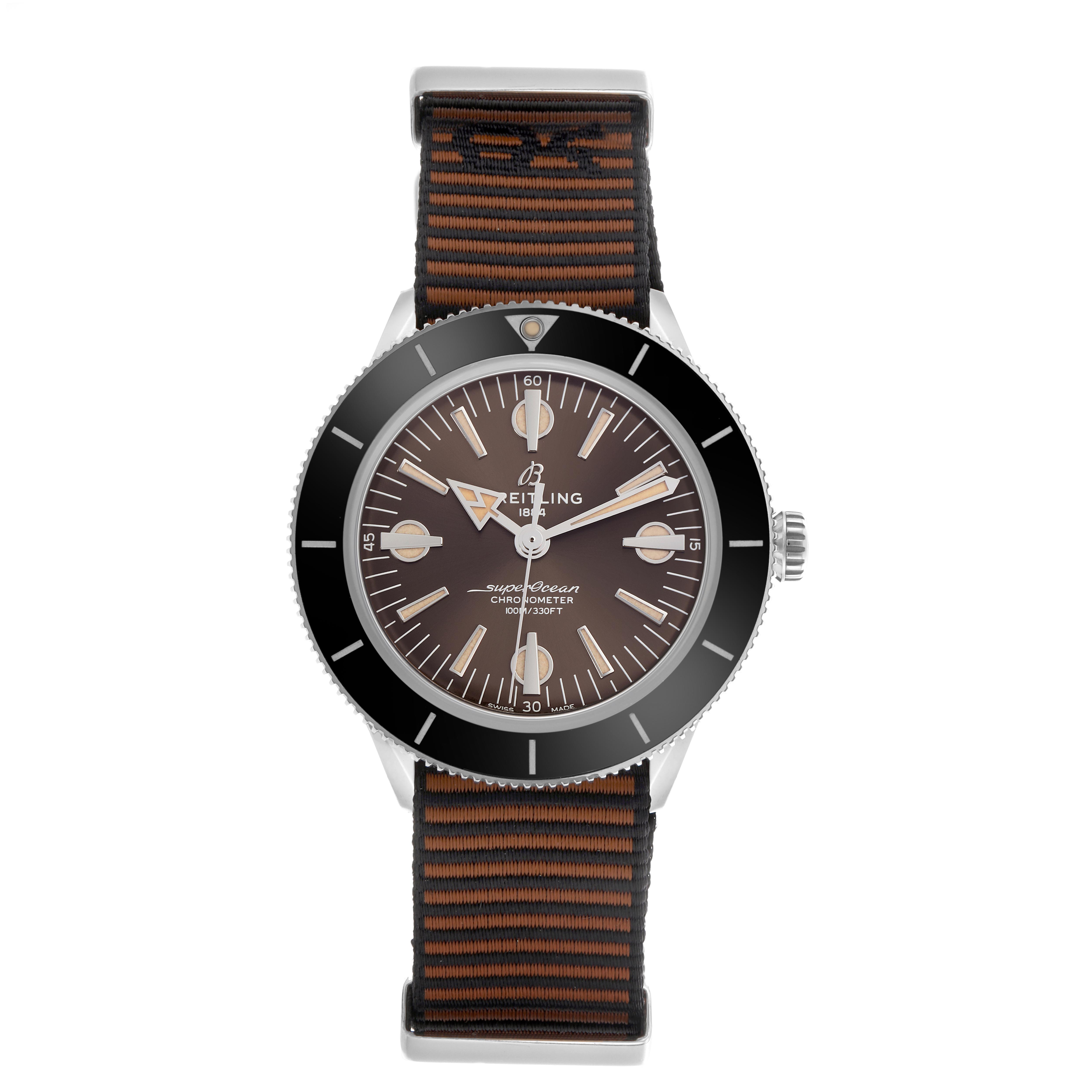 The Breitling Superocean A10370 Men's Stainless Steel Brown Dial A10370 Men's Stainless Steel Brown Dial watch is shown from a top-down angle, featuring the dial, bezel, and a striped fabric strap.