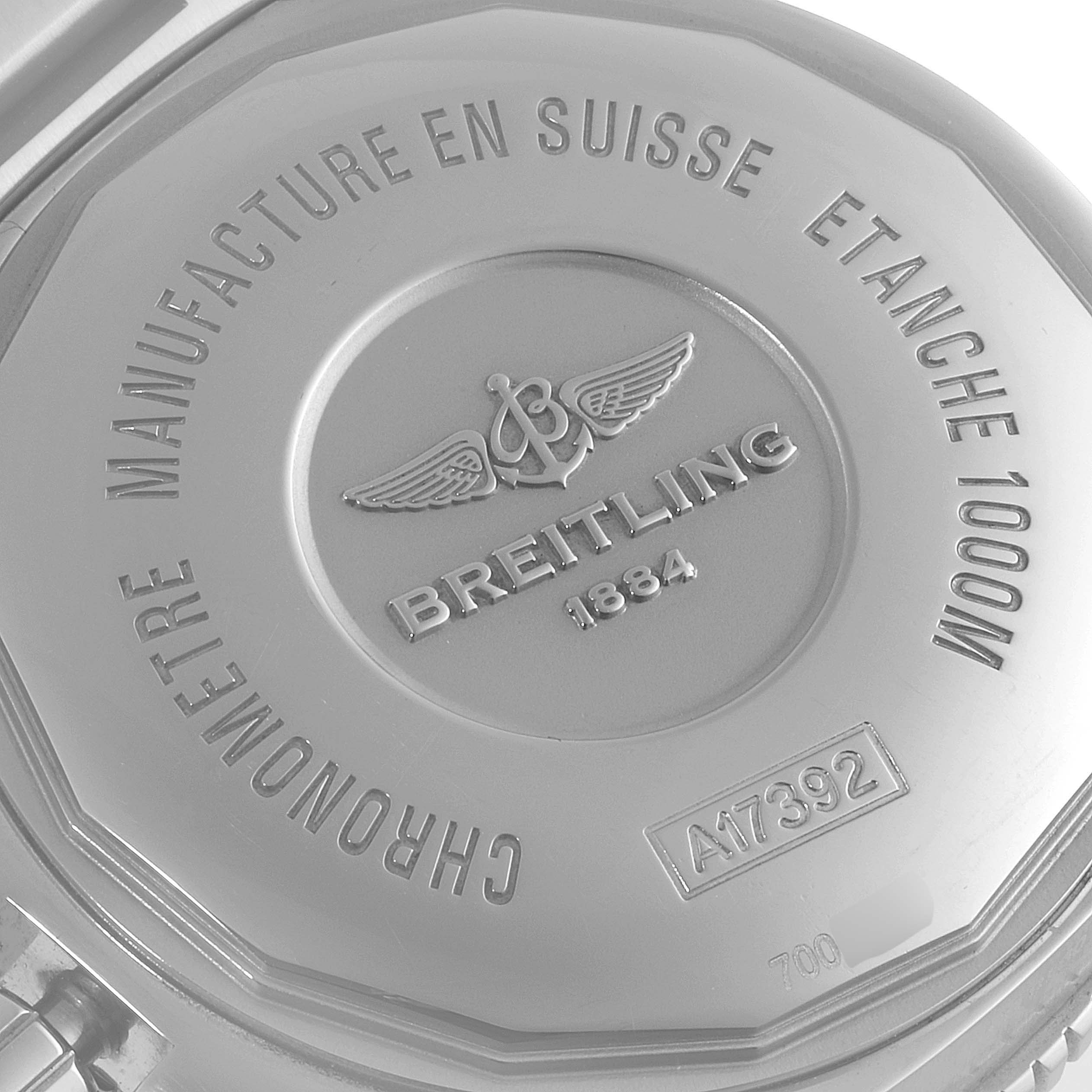 The image shows the back case of a Breitling Superocean A17392 Men's Stainless Steel Black Dial A17392 Men's Stainless Steel Black Dial watch, highlighting the engravings and branding.