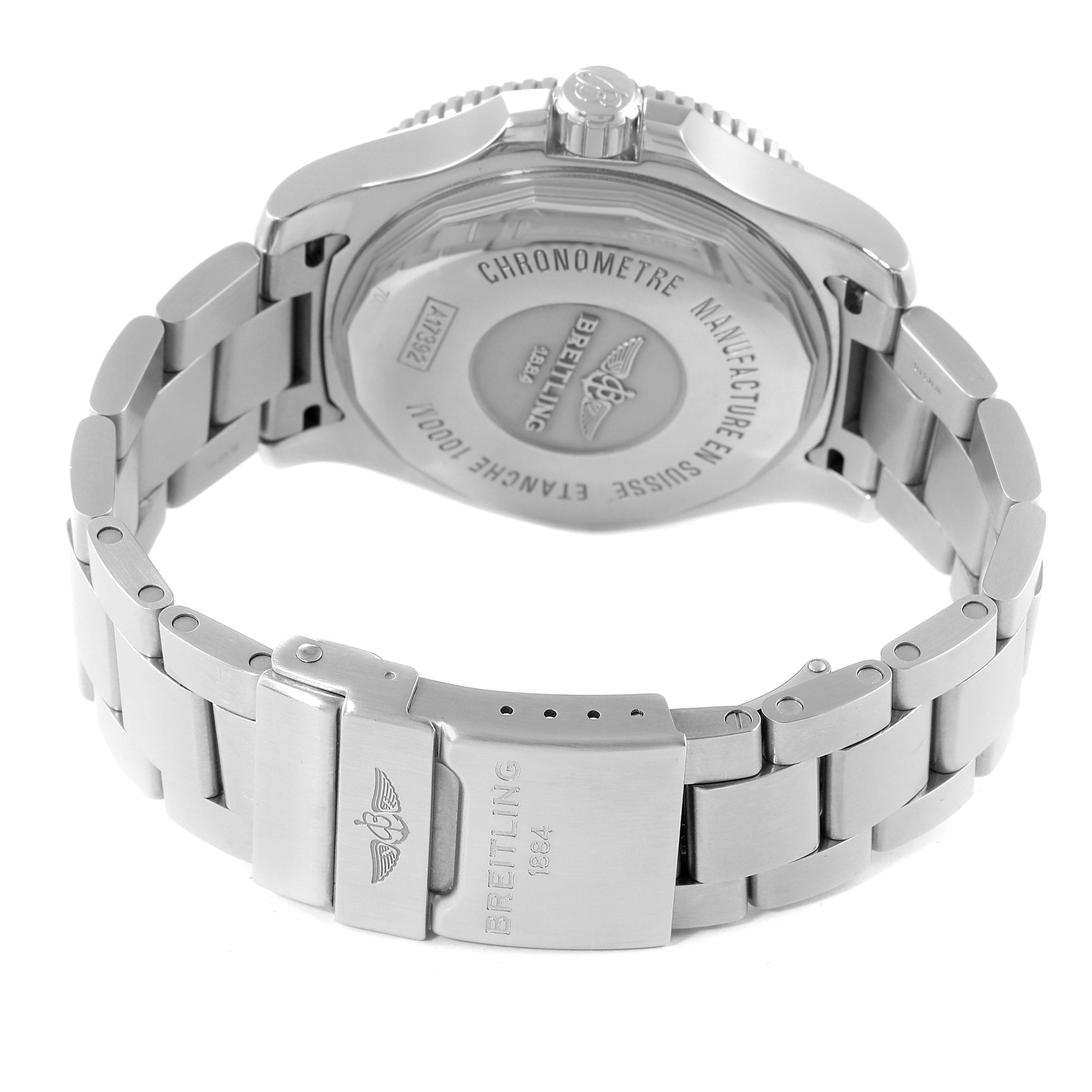 The image shows the back and part of the bracelet of the Breitling Superocean A17392 Men's Stainless Steel Black Dial A17392 Men's Stainless Steel Black Dial watch, viewed from an angle emphasizing the case back.