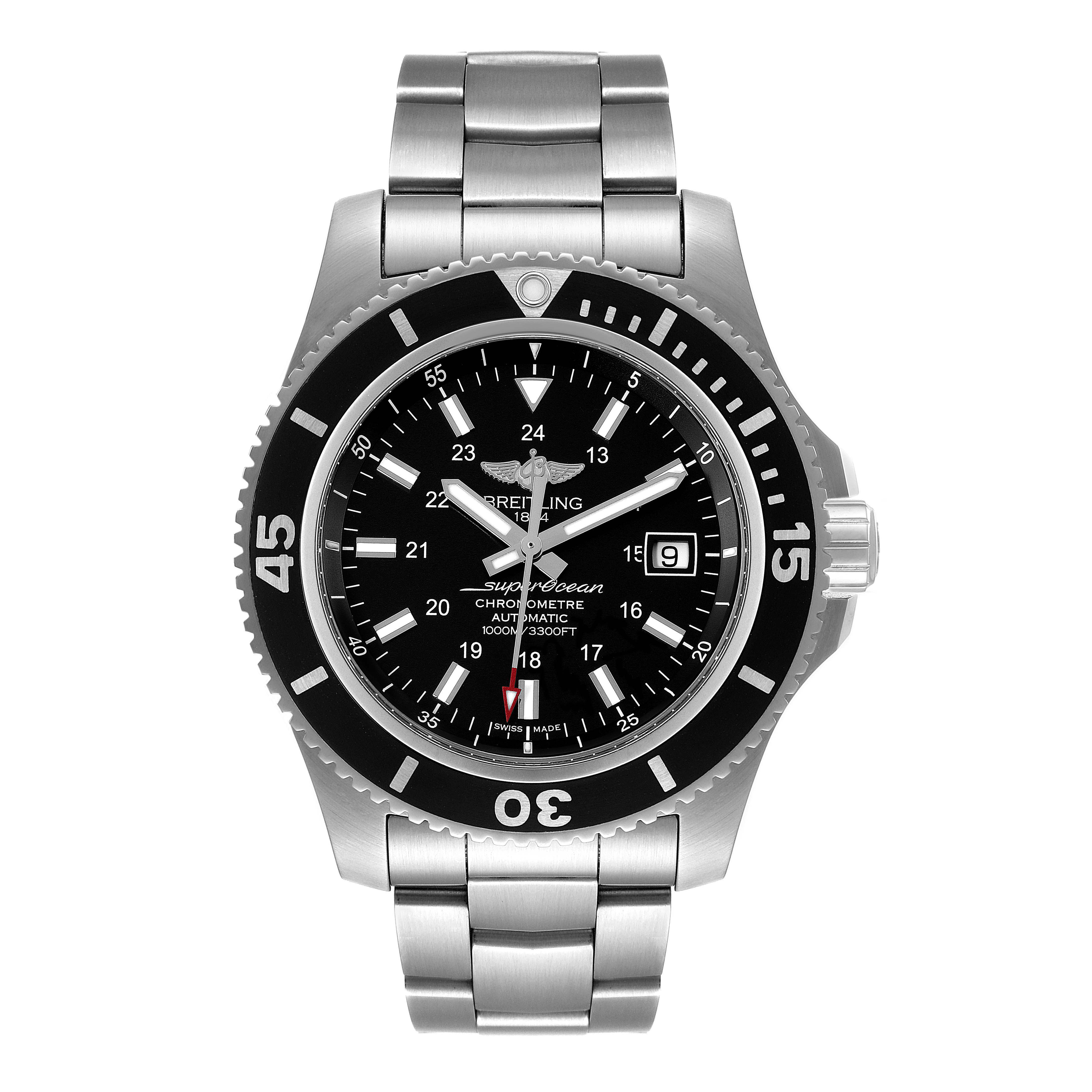 The Breitling Superocean A17392 Men's Stainless Steel Black Dial A17392 Men's Stainless Steel Black Dial watch is shown from a front angle, displaying its dial, bezel, and metal bracelet.