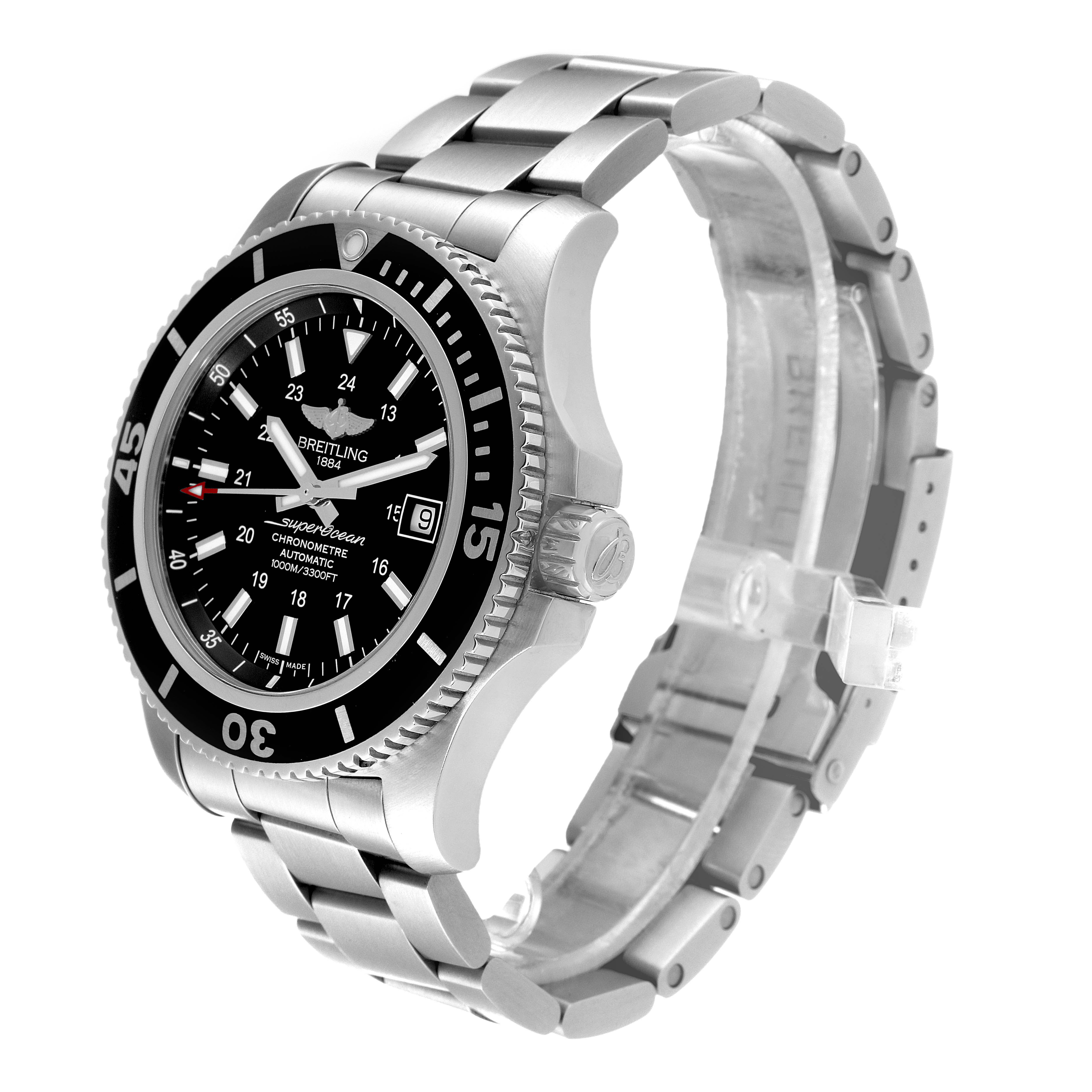 The image shows a Breitling Superocean A17392 Men's Stainless Steel Black Dial A17392 Men's Stainless Steel Black Dial watch from an angled side view, highlighting the watch face, bezel, crown, and bracelet.