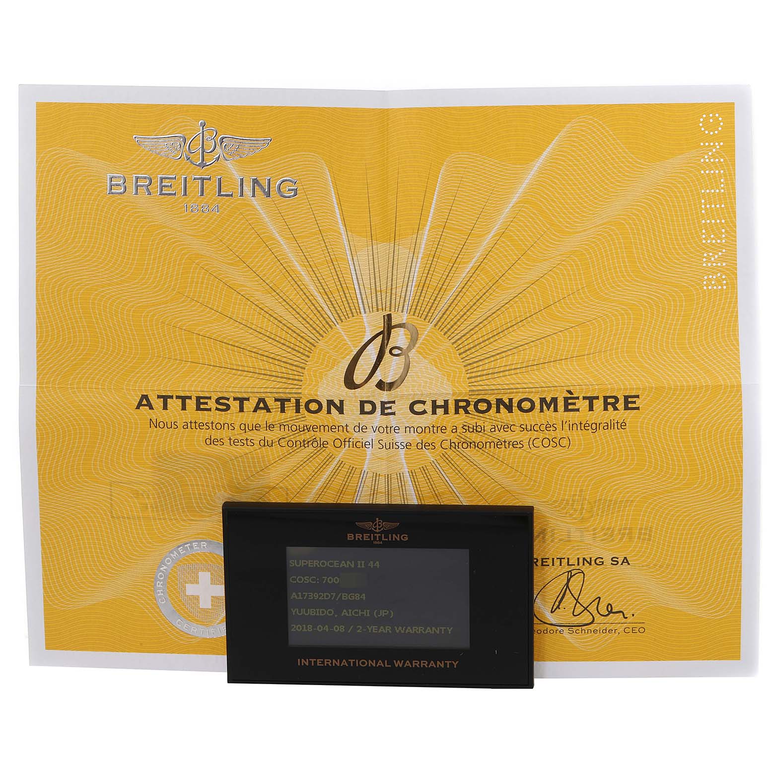 The image shows the certification and warranty card of a Breitling Superocean A17392 Men's Stainless Steel Black Dial A17392 Men's Stainless Steel Black Dial watch.