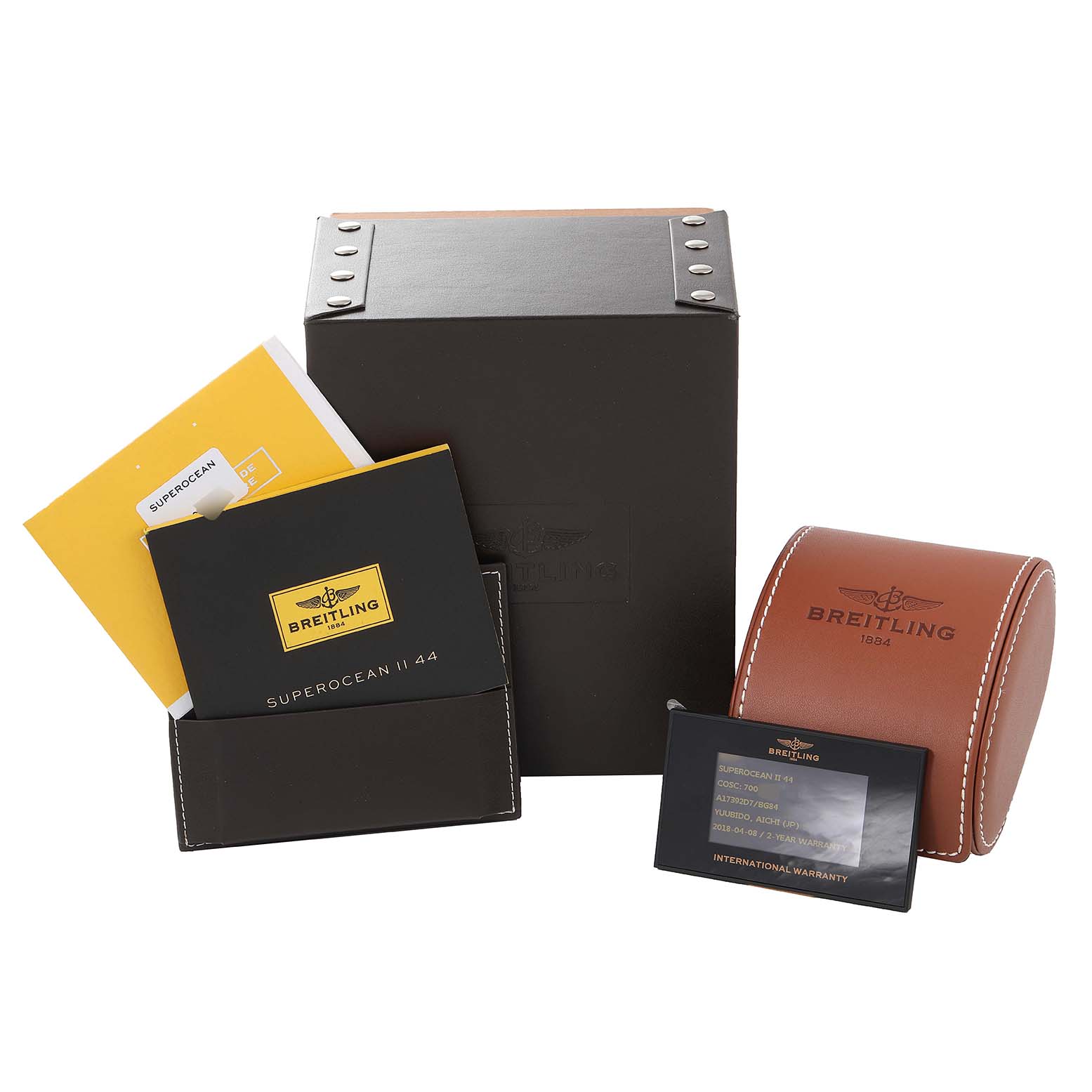 The image shows a Breitling Superocean A17392 Men's Stainless Steel Black Dial A17392 Men's Stainless Steel Black Dial watch packaging including the box, a brown leather case, booklets, and an international warranty card.