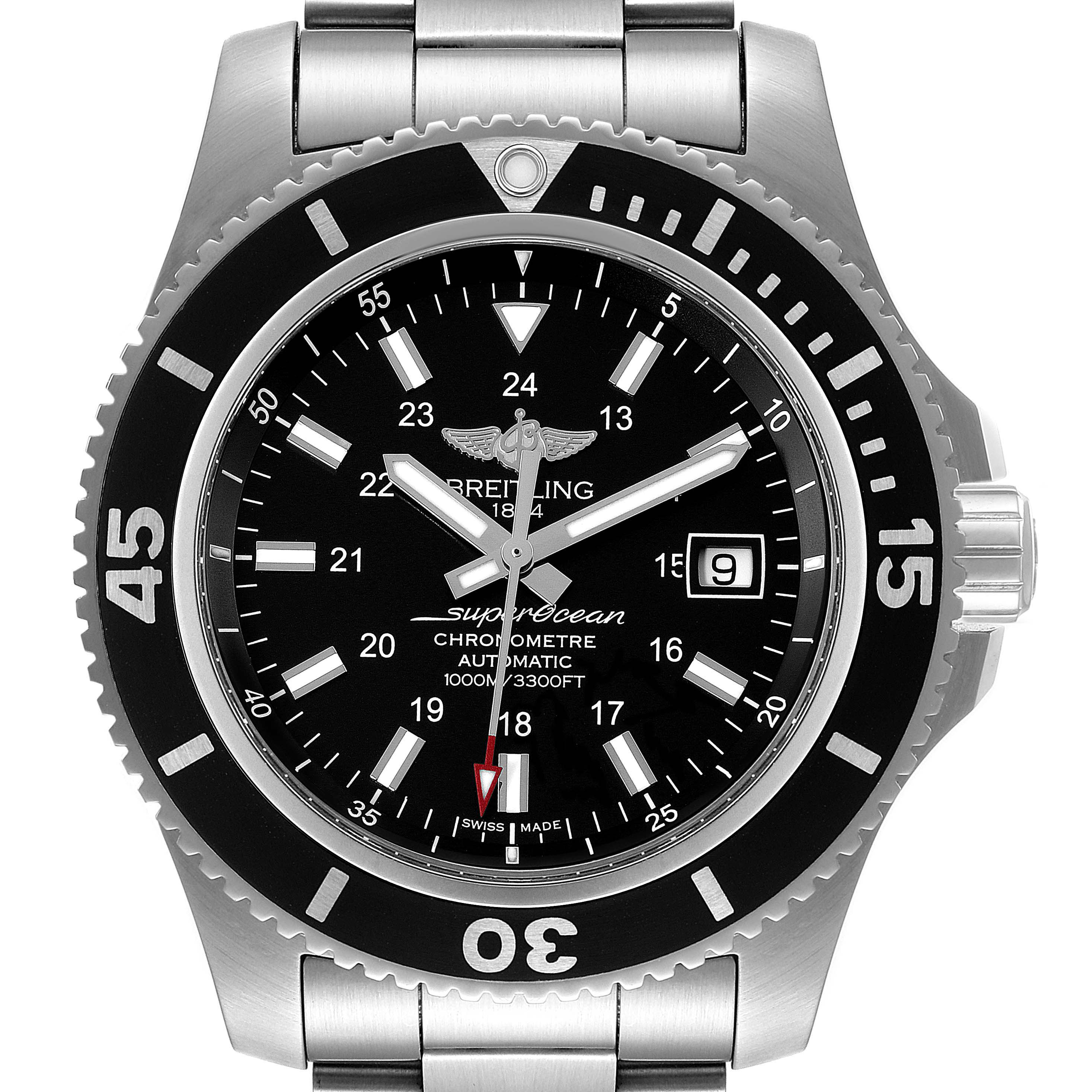 This image shows a front view of the Breitling Superocean A17392 Men's Stainless Steel Black Dial A17392 Men's Stainless Steel Black Dial watch, highlighting the dial, bezel, crown, and part of the bracelet.