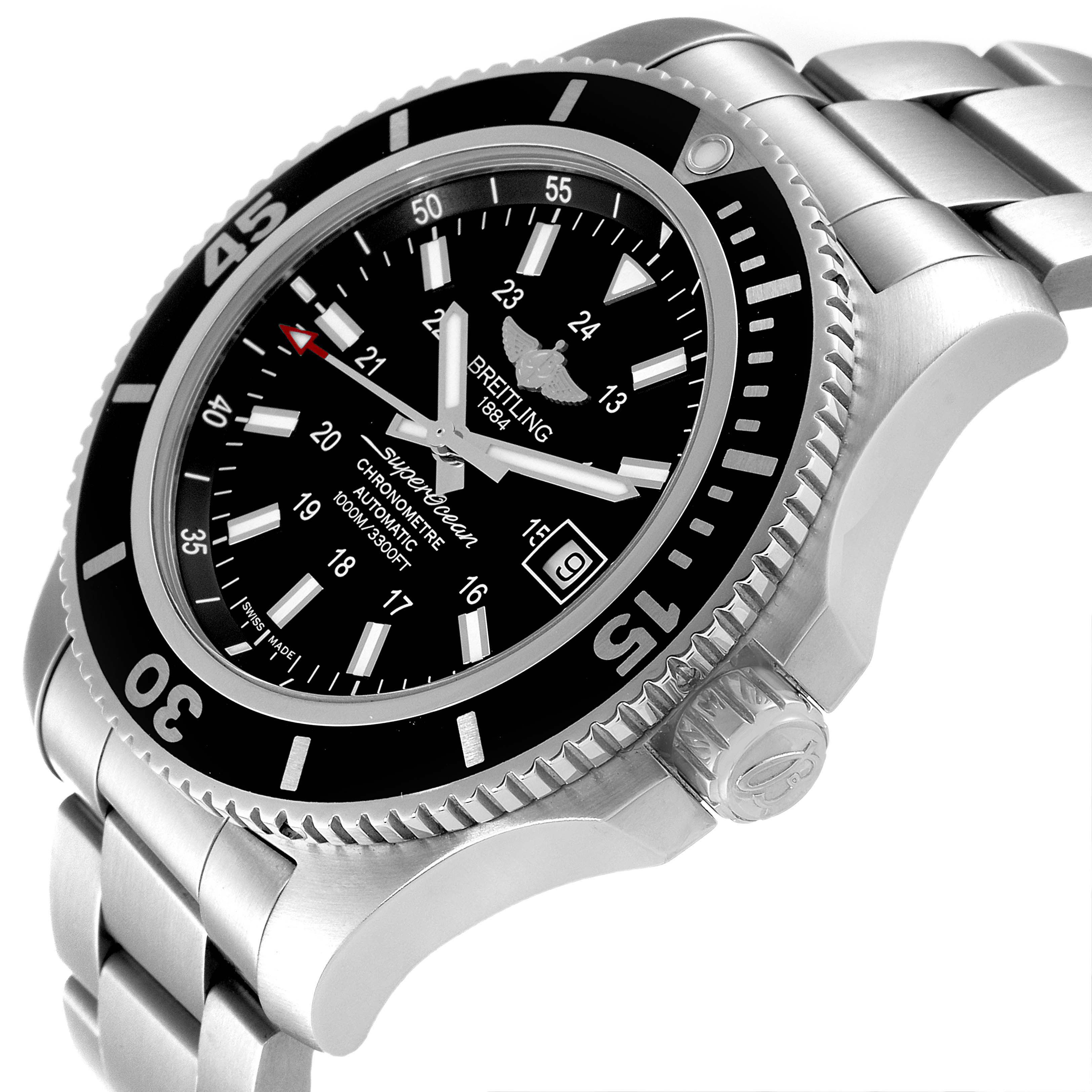 This image shows a close-up of the Breitling Superocean A17392 Men's Stainless Steel Black Dial A17392 Men's Stainless Steel Black Dial watch, highlighting the face, bezel, crown, and part of the bracelet.