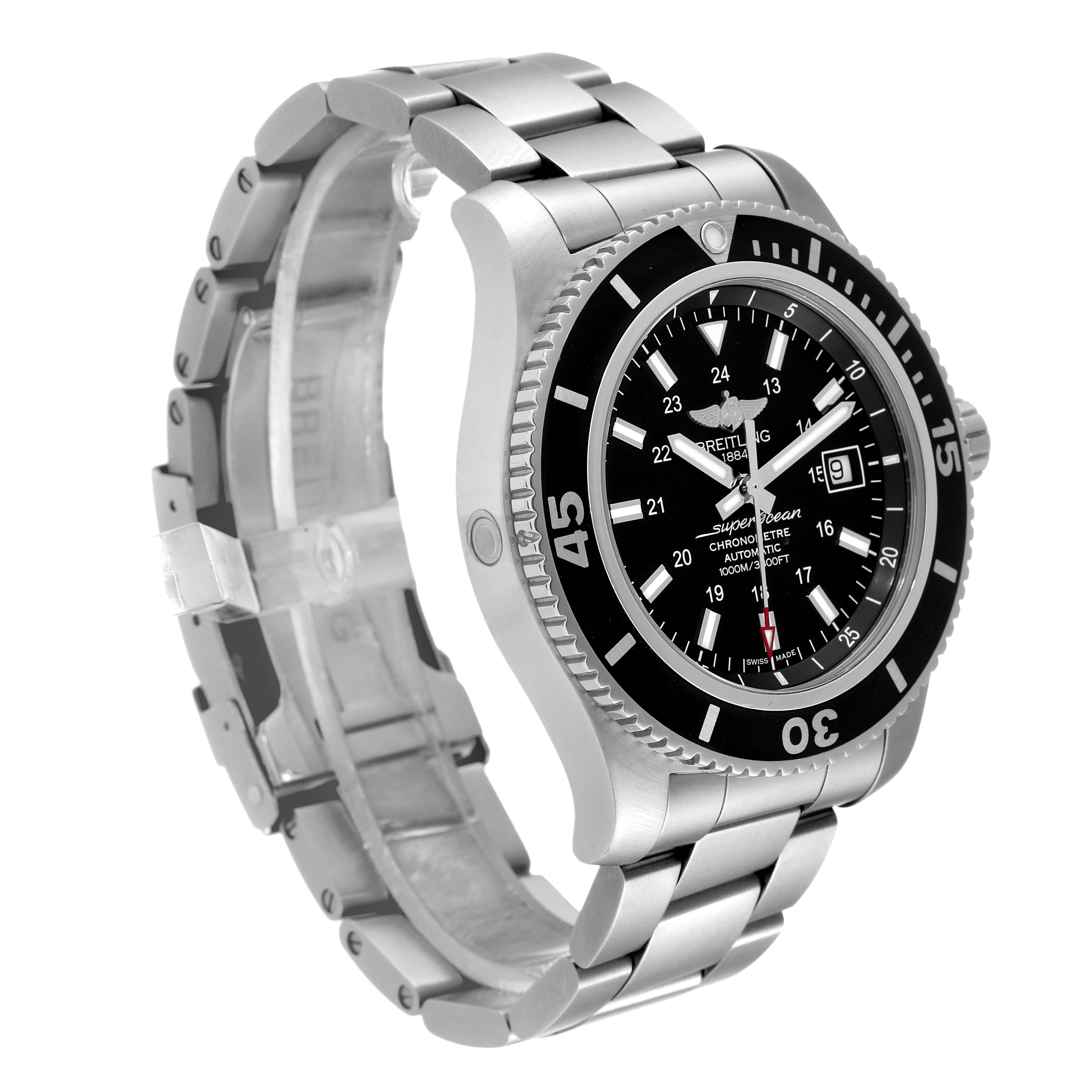 The image shows a Breitling Superocean A17392 Men's Stainless Steel Black Dial A17392 Men's Stainless Steel Black Dial watch at an angle highlighting its face and stainless steel bracelet.
