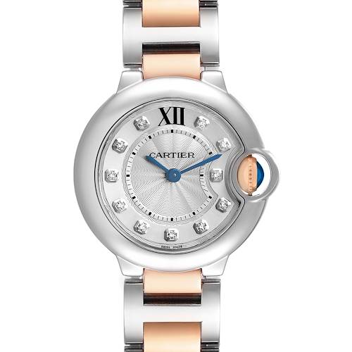 The Cartier Ballon Bleu WE902030 Women's Steel and Gold (two tone) Silver Dial watch is shown from the front, highlighting the dial, crown, and bracelet.