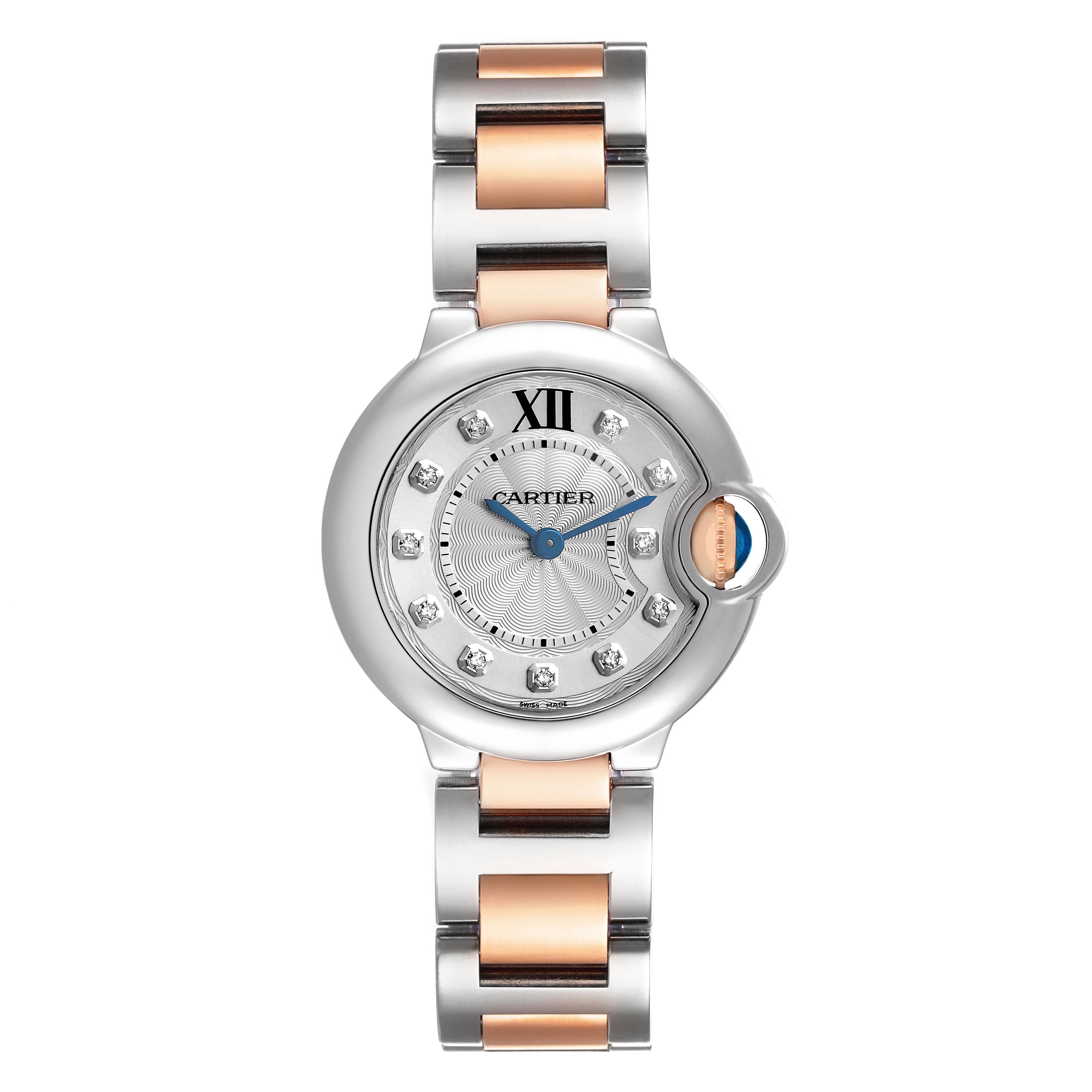 The Cartier Ballon Bleu WE902030 Women's Steel and Gold (two tone) Silver Dial watch is shown from the front, highlighting the face, crown, and bracelet.