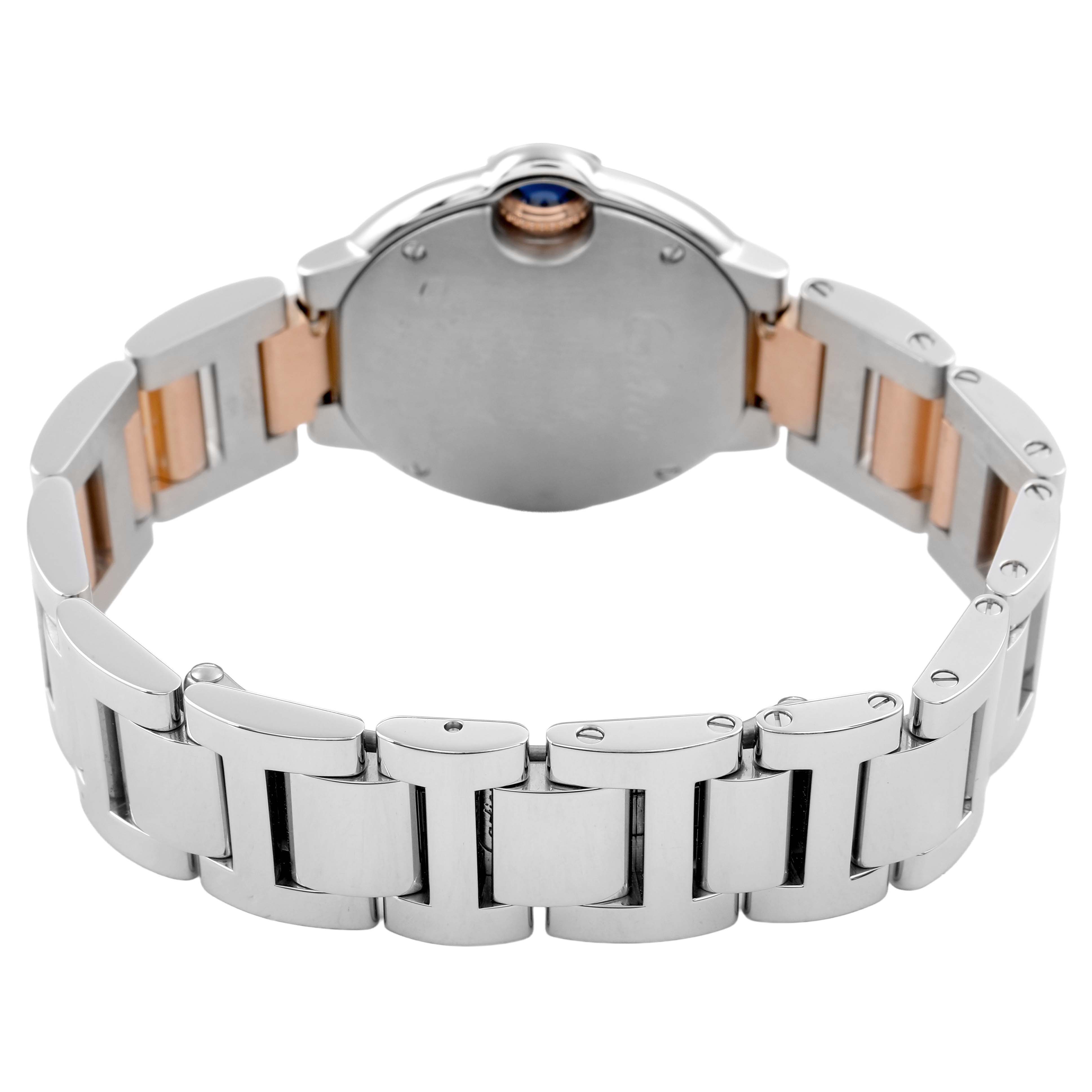 The image shows the back view of a Cartier Ballon Bleu WE902030 Women's Steel and Gold (two tone) Silver Dial watch focusing on the bracelet and clasp.