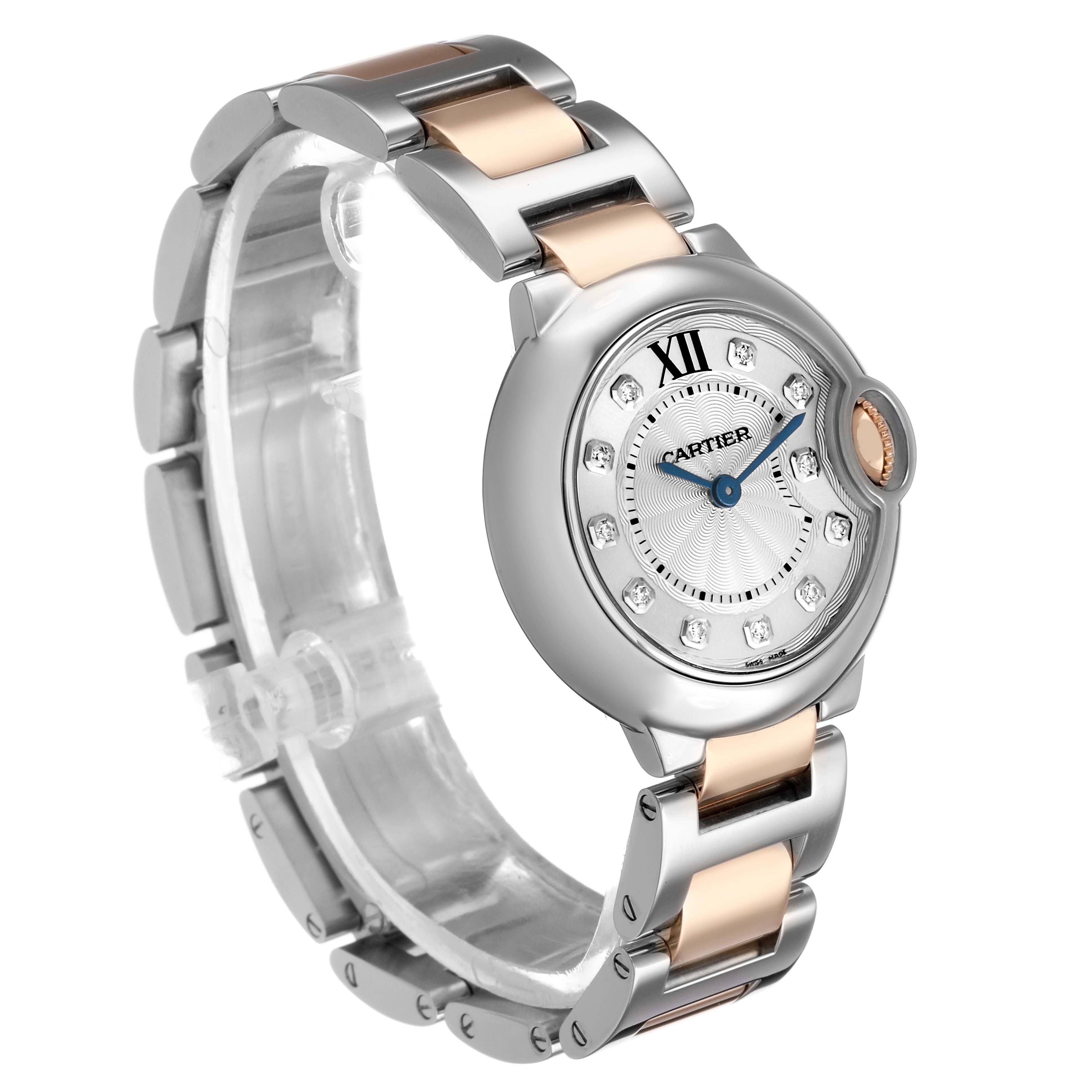 The Cartier Ballon Bleu WE902030 Women's Steel and Gold (two tone) Silver Dial watch is shown at an angle highlighting the face, crown, and two-tone bracelet.