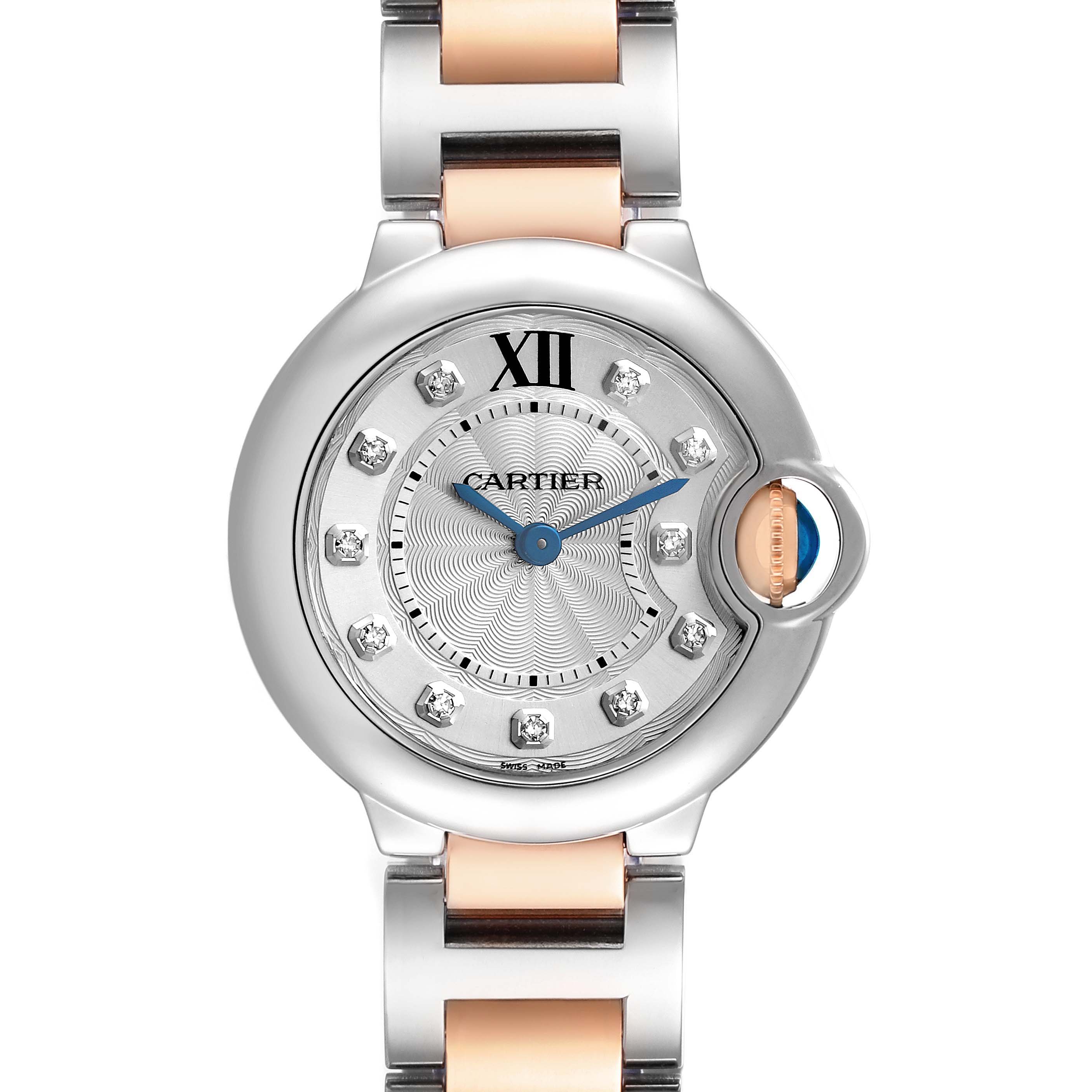 The Cartier Ballon Bleu WE902030 Women's Steel and Gold (two tone) Silver Dial watch is shown from a front angle, highlighting its dial, crown, and bracelet.