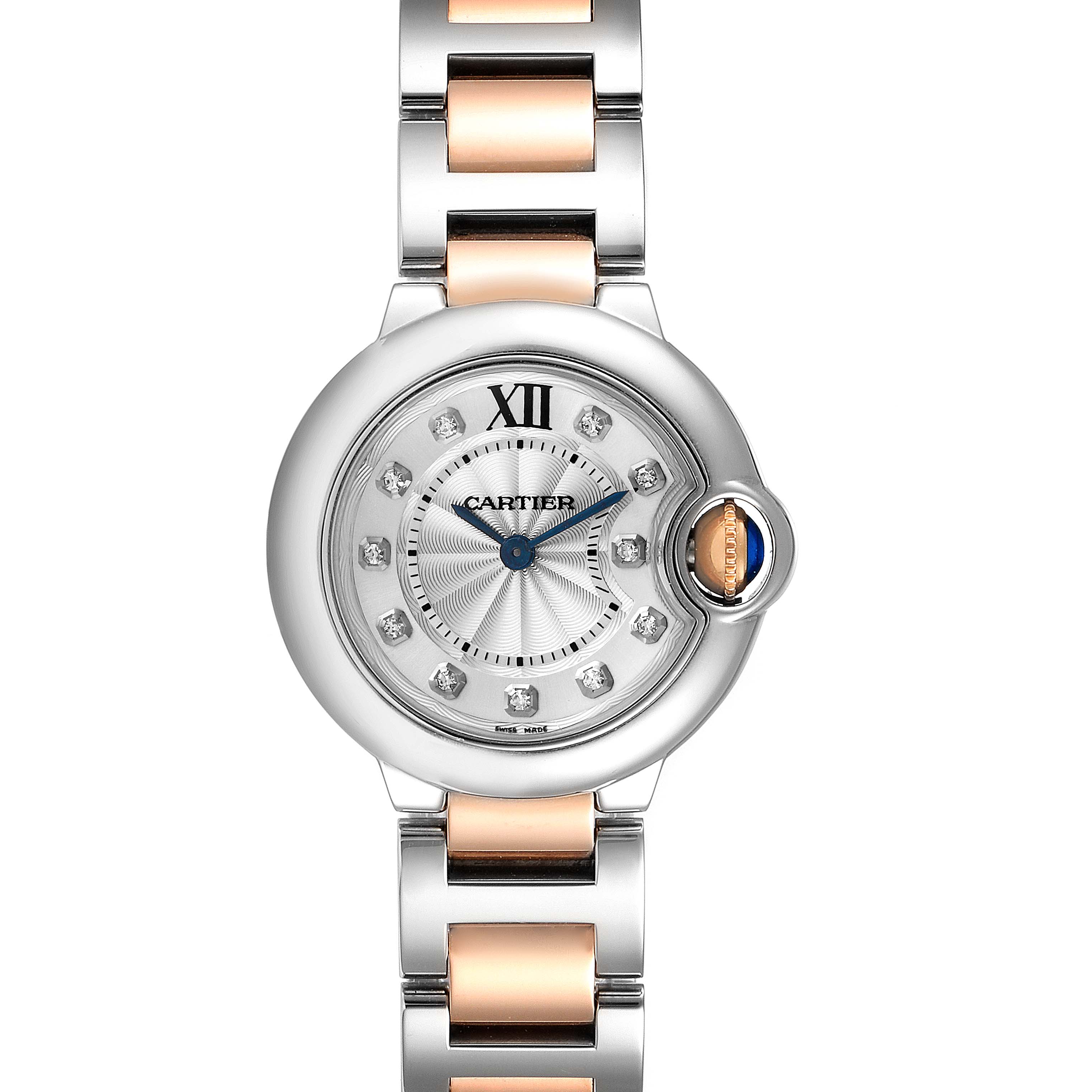 The image shows a frontal view of a Cartier Ballon Bleu WE902030 Women's Steel and Gold (two tone) Silver Dial WE902030 Women's Steel and Gold (two tone) Silver Dial watch, highlighting its dial, hands, and bi-metal bracelet.