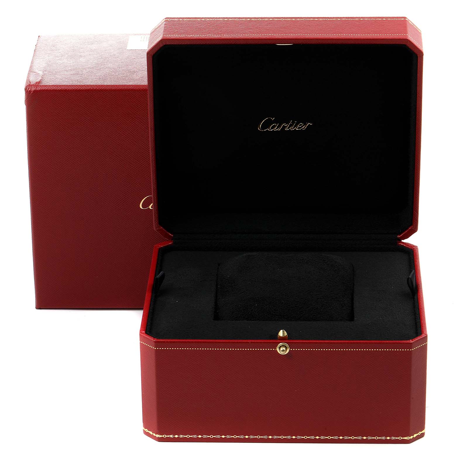 A red Cartier Ballon Bleu WE902030 Women's Steel and Gold (two tone) Silver Dial WE902030 Women's Steel and Gold (two tone) Silver Dial watch box is shown open, displaying the black interior and resting cushion.