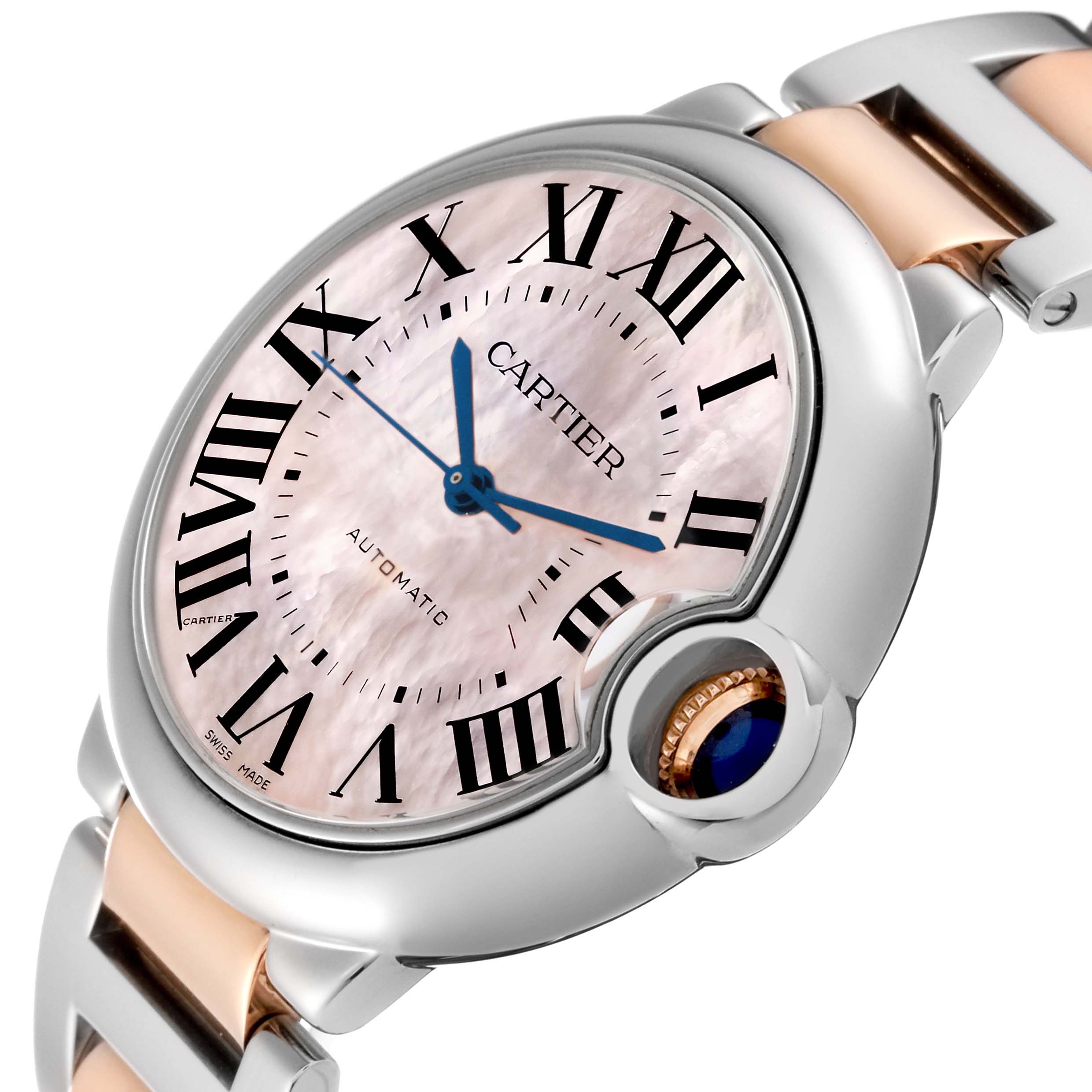 The Cartier Ballon Bleu W6920033 Women's Steel and Gold (two tone) Mother of Pearl Dial W6920033 Women's Steel and Gold (two tone) Mother of Pearl Dial watch is shown at an angle highlighting its face, crown, and part of the bracelet.