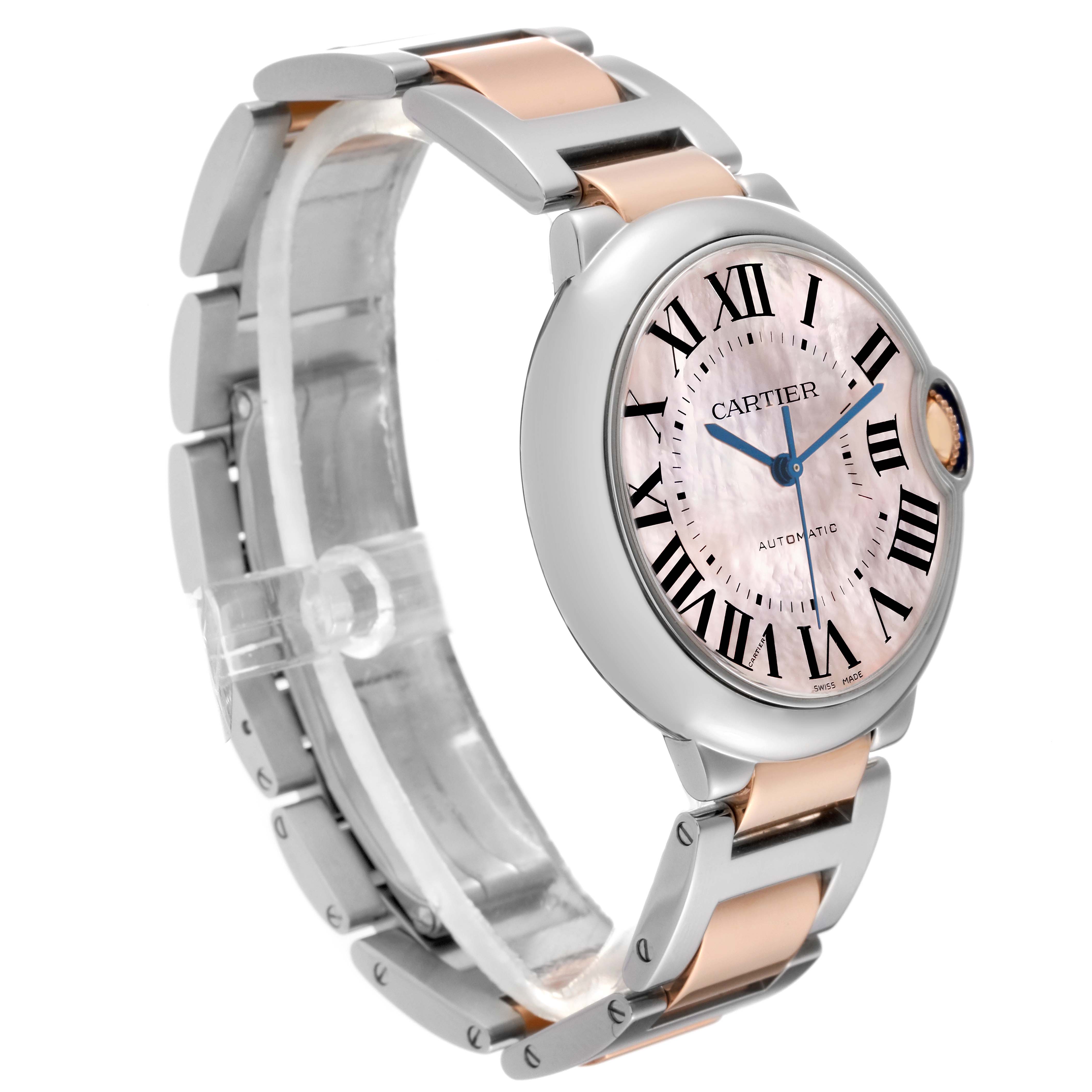 The Cartier Ballon Bleu W6920033 Women's Steel and Gold (two tone) Mother of Pearl Dial W6920033 Women's Steel and Gold (two tone) Mother of Pearl Dial watch is shown at a three-quarter angle, highlighting its round dial, stainless steel, and rose gold bracelet.