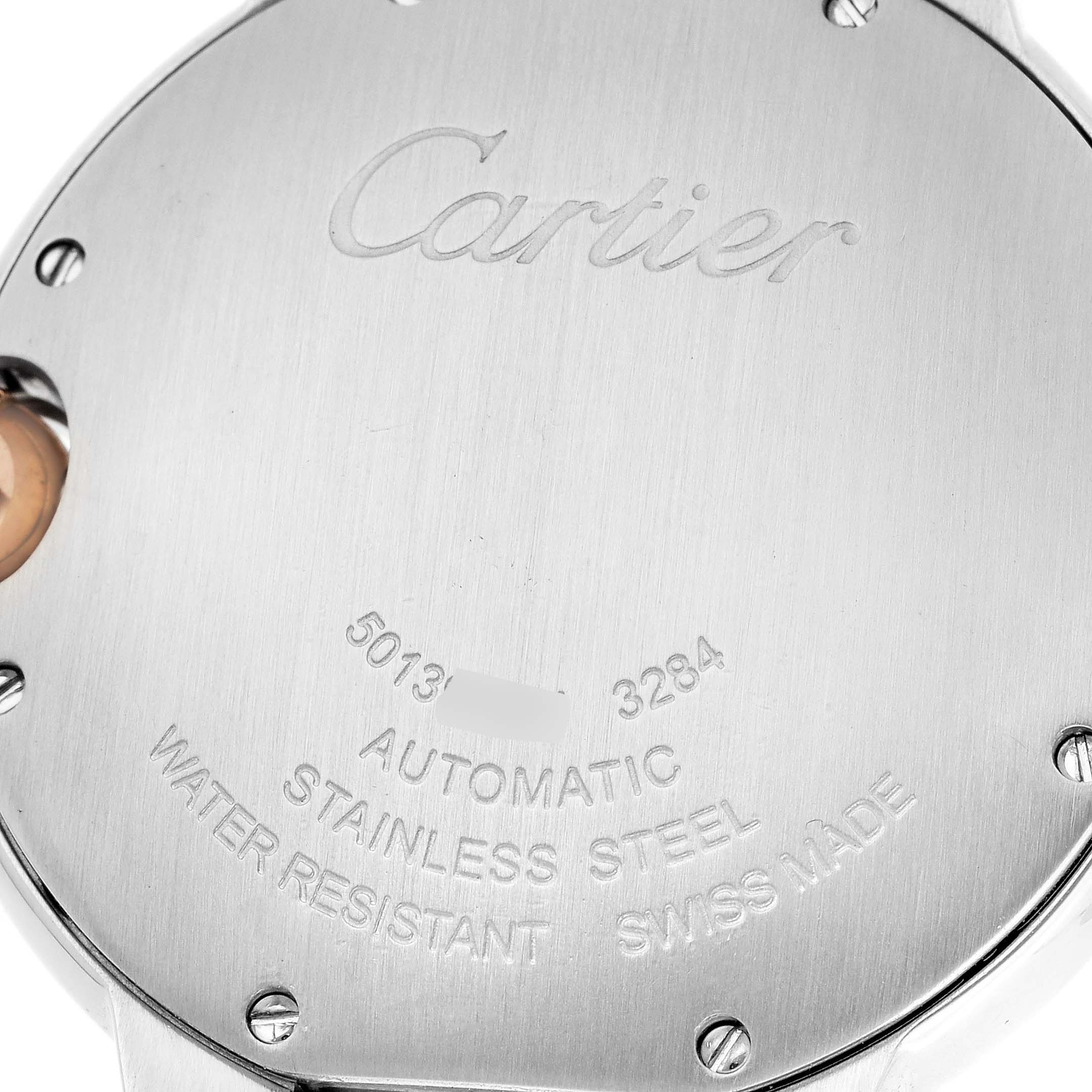 The image shows the back case of a Cartier Ballon Bleu W6920033 Women's Steel and Gold (two tone) Mother of Pearl Dial W6920033 Women's Steel and Gold (two tone) Mother of Pearl Dial watch displaying the brand name and specifications.