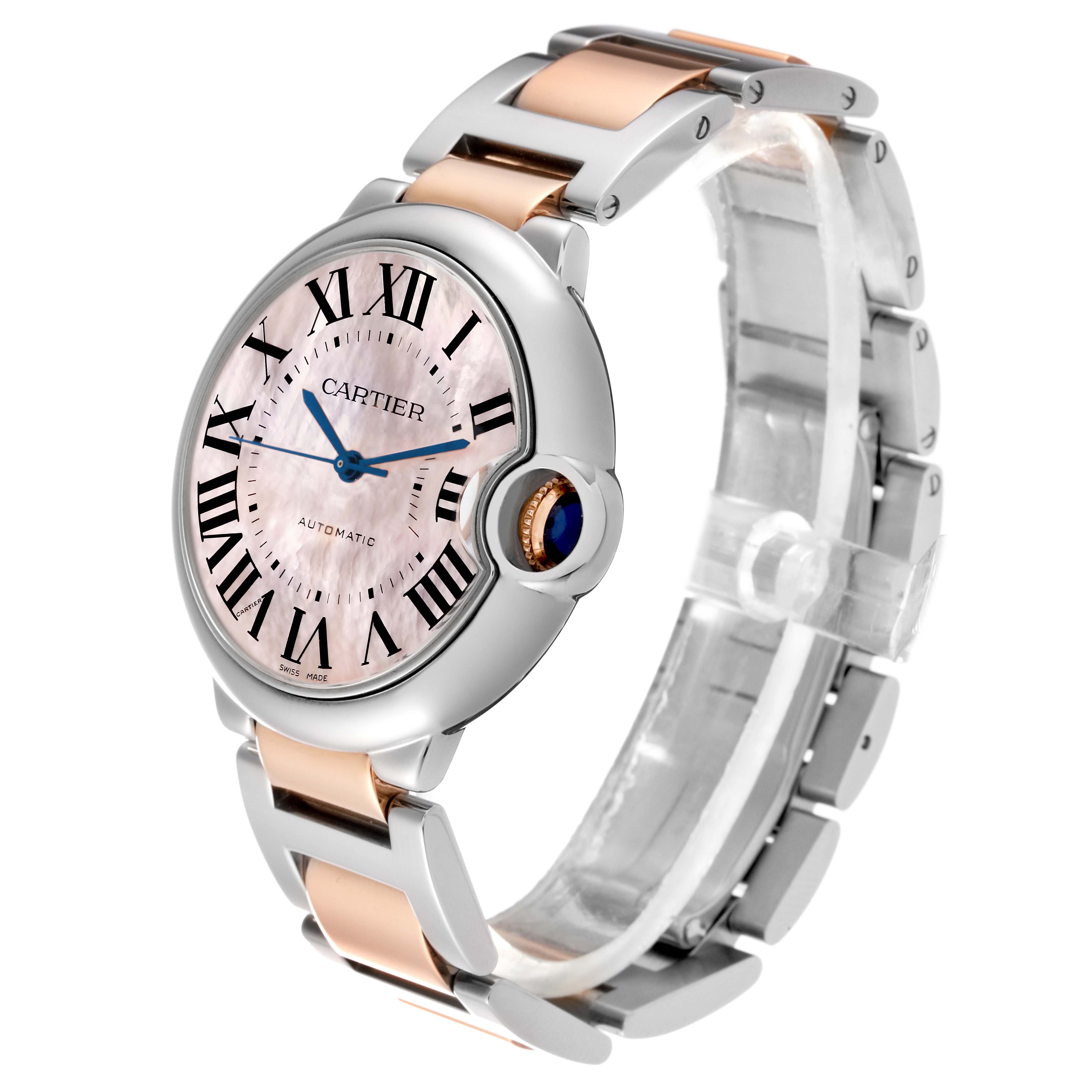 The image shows a side angle of a Ballon Bleu by Cartier watch, highlighting the dial, bezel, bracelet, and crown.