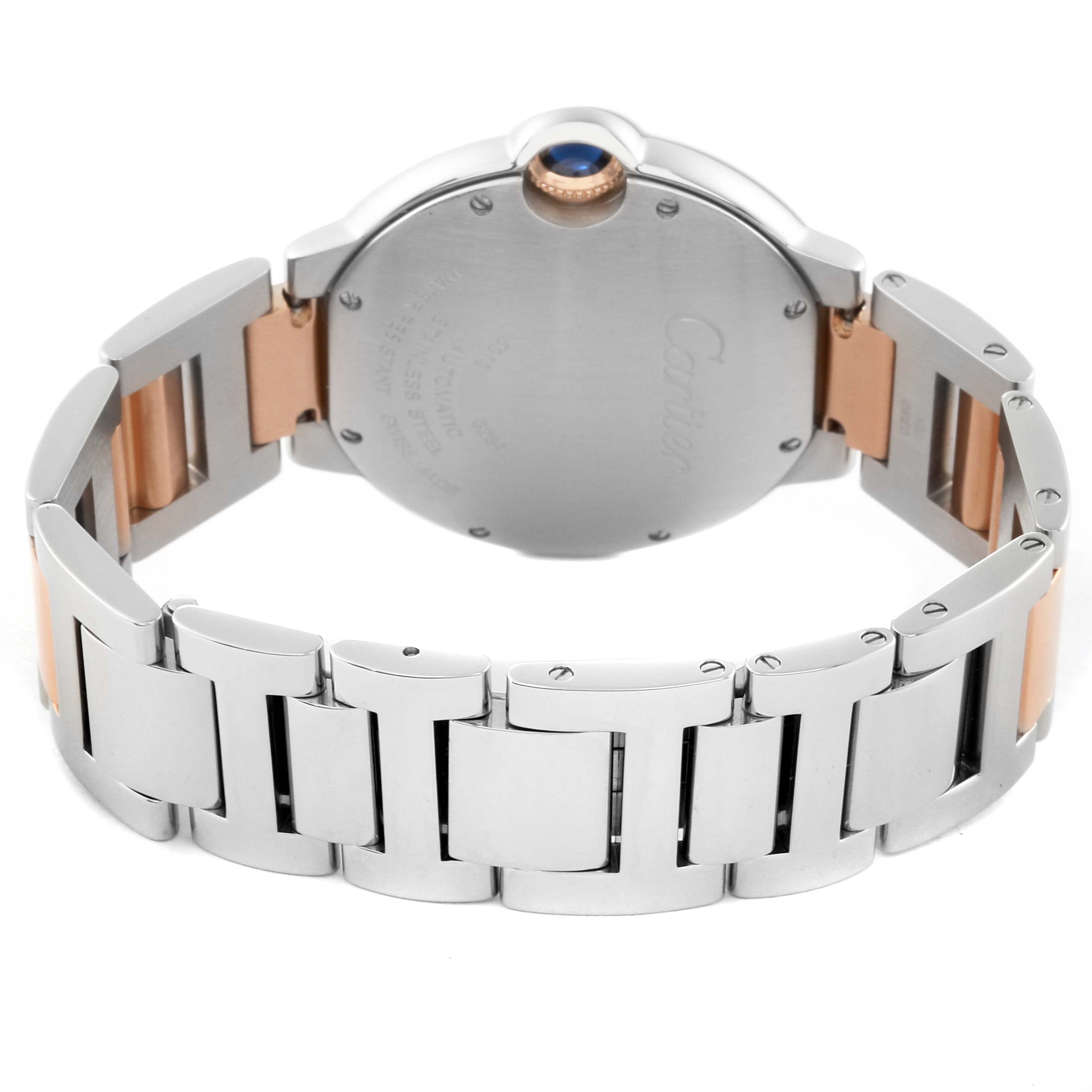 The image shows the back view of a Cartier Ballon Bleu W6920033 Women's Steel and Gold (two tone) Mother of Pearl Dial W6920033 Women's Steel and Gold (two tone) Mother of Pearl Dial watch, highlighting its bracelet and case back.