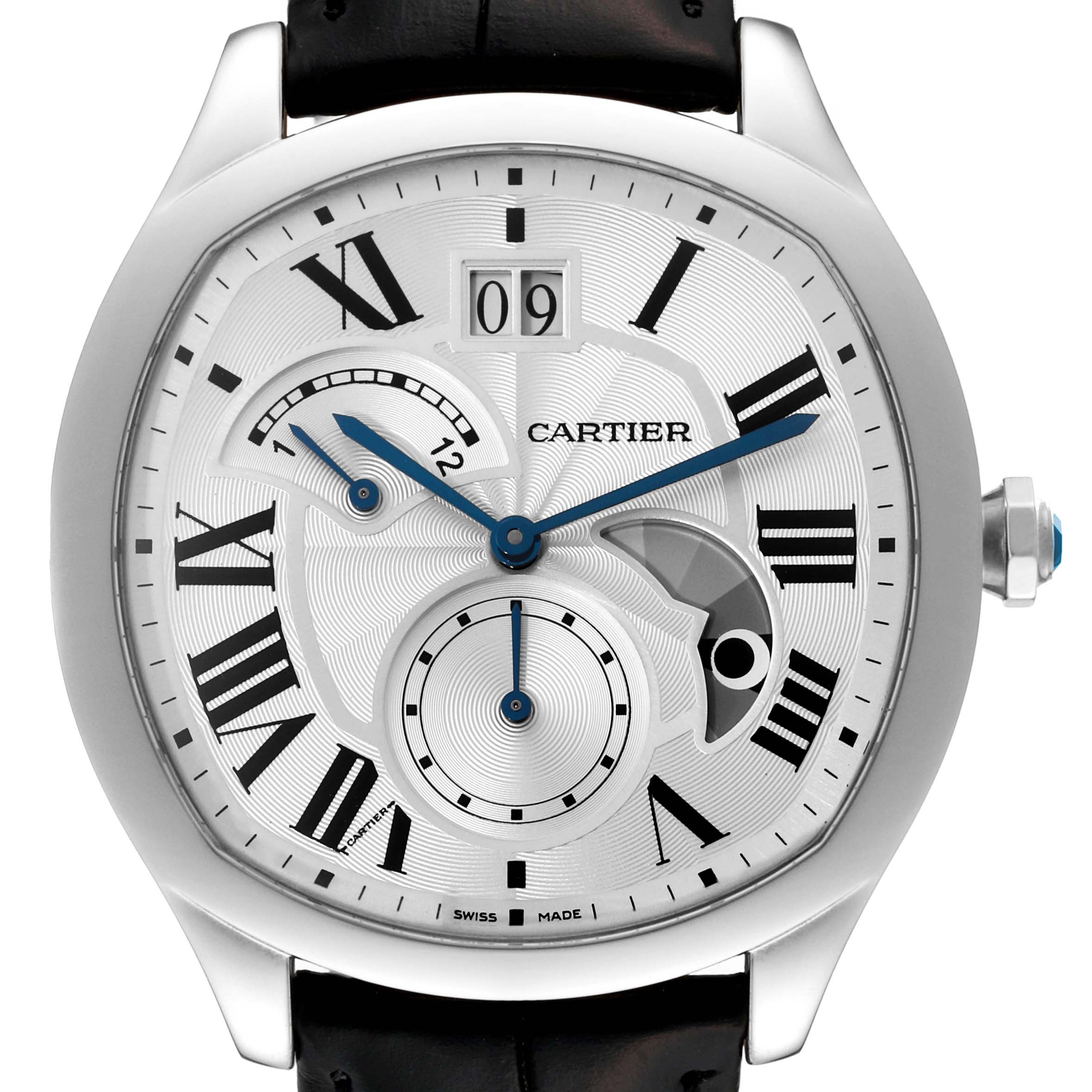 The image shows a frontal view of a Drive de Cartier model by Cartier, highlighting its dial and details.