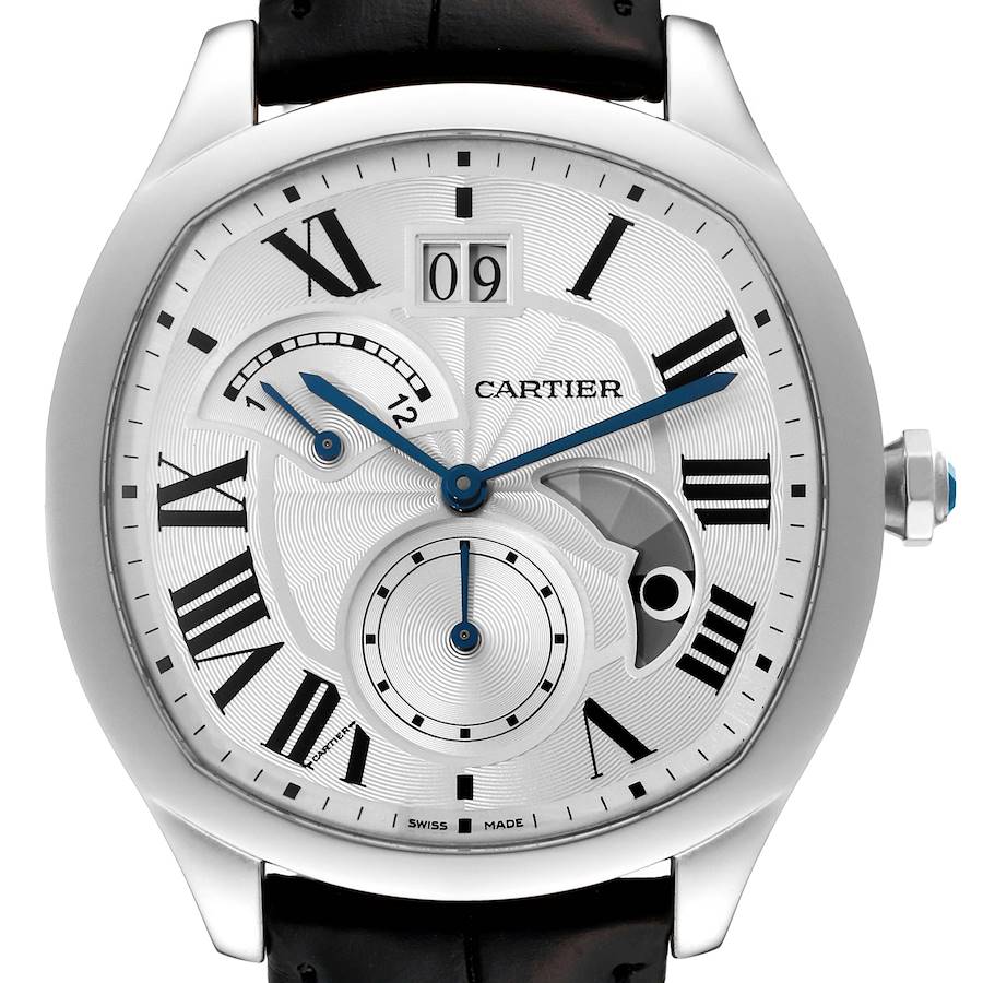 The image shows a frontal view of a Drive de Cartier model by Cartier, highlighting its dial and details.