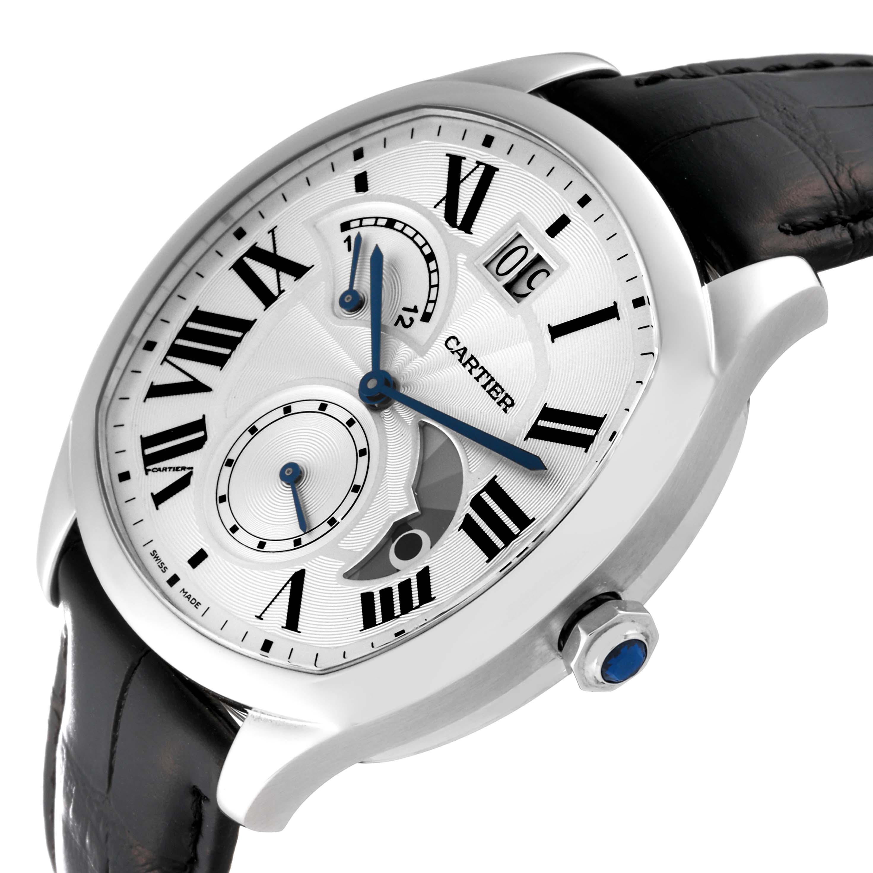 The image shows a Drive de Cartier watch by Cartier at an angled side view, displaying its face, crown, and leather strap.