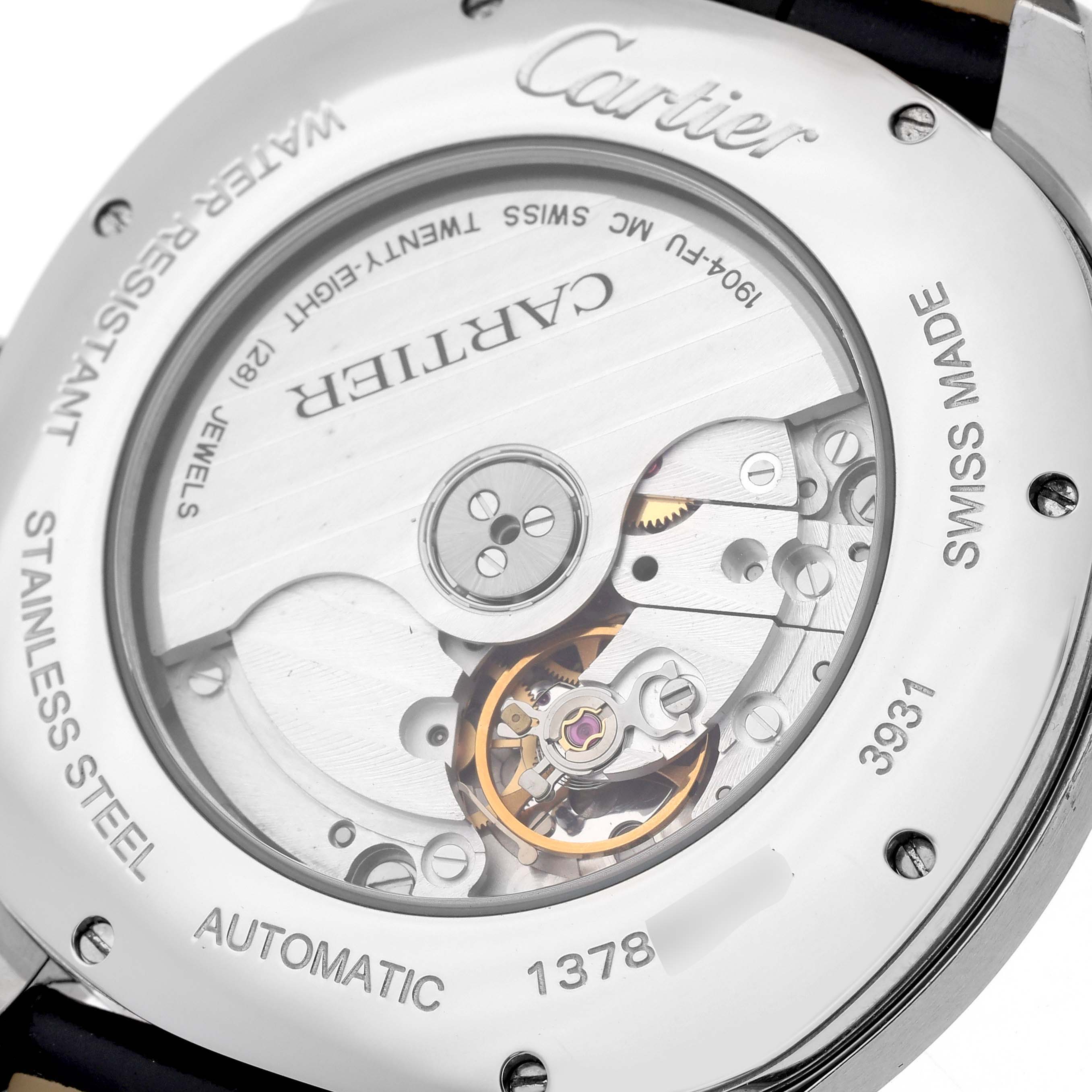 The image shows the back view of the Drive de Cartier watch by Cartier, highlighting its automatic movement and internal mechanics.
