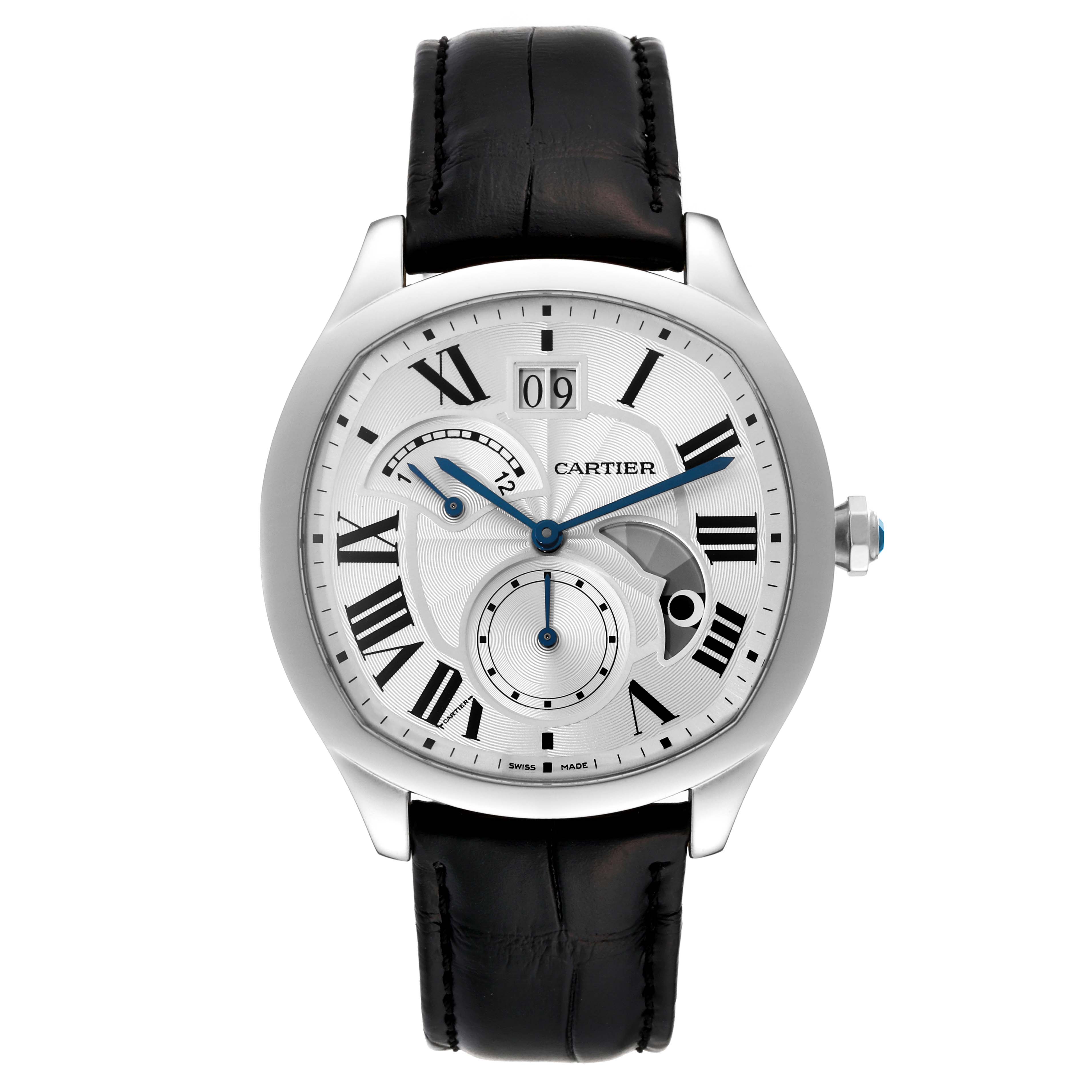 This image shows a front view of a Drive de Cartier watch by Cartier with a black leather strap and a silver dial.