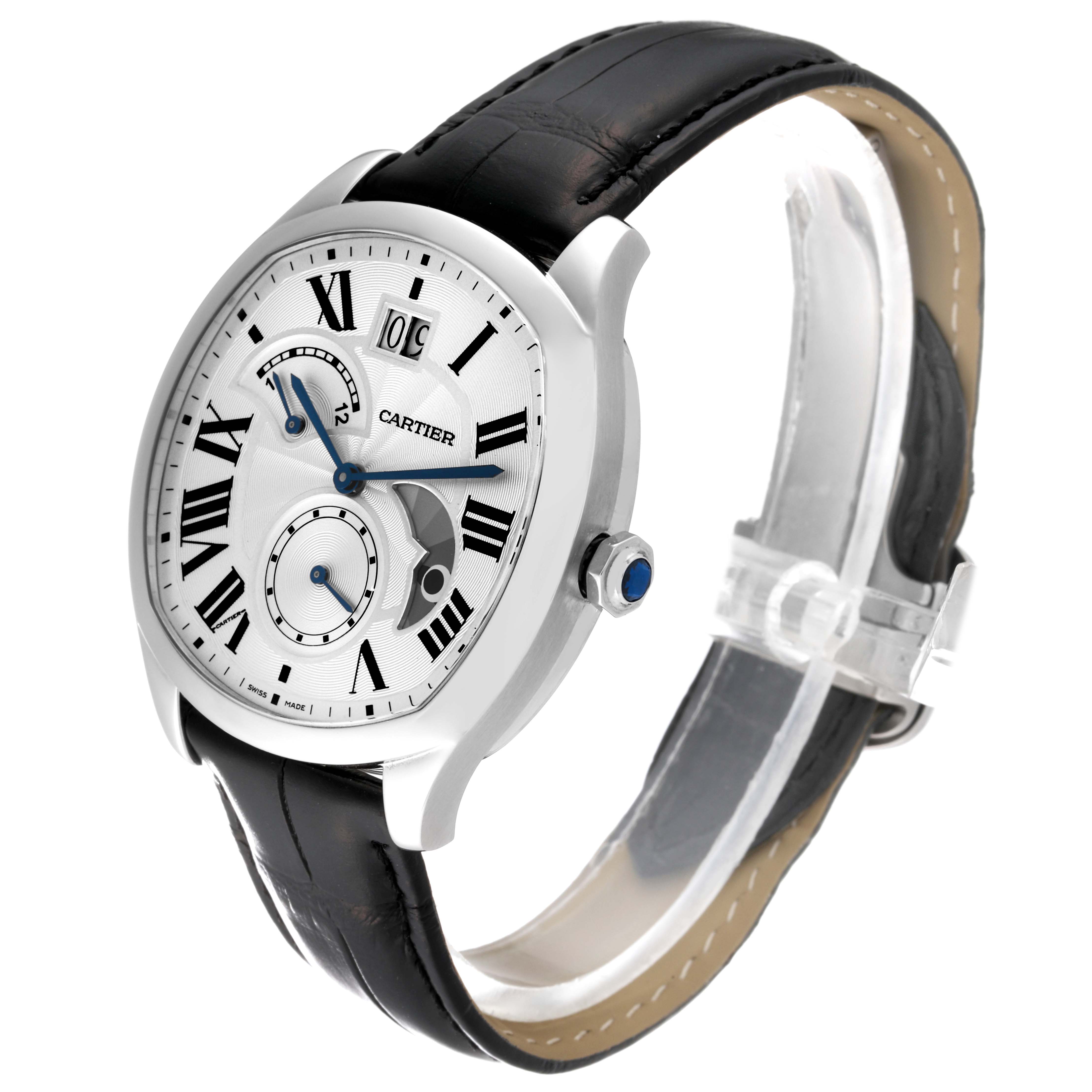 This image shows a Drive de Cartier watch by Cartier at a three-quarter angle, highlighting its face, strap, and side profile.