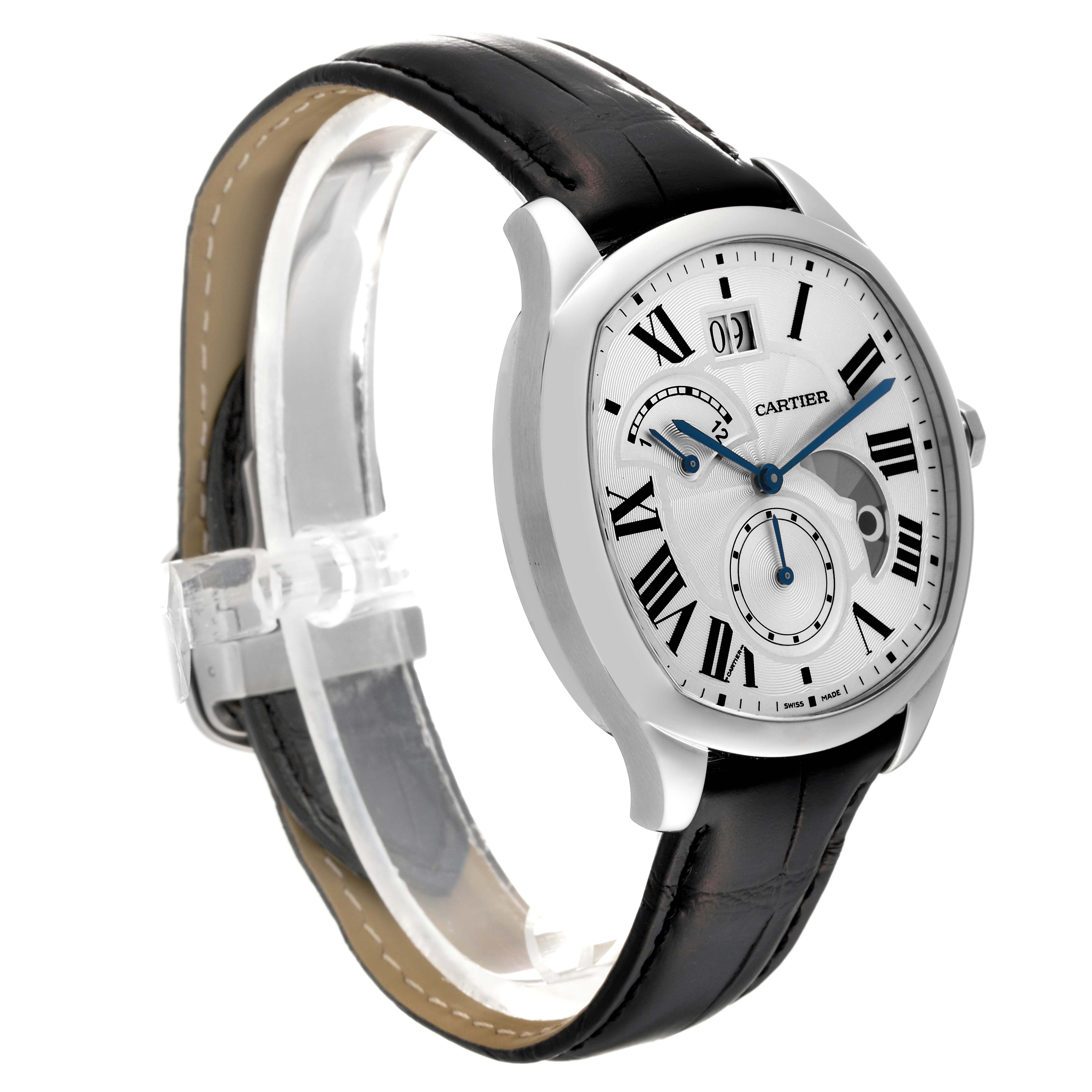 This image shows a Drive de Cartier watch by Cartier at a three-quarter angle, highlighting its face and leather strap.