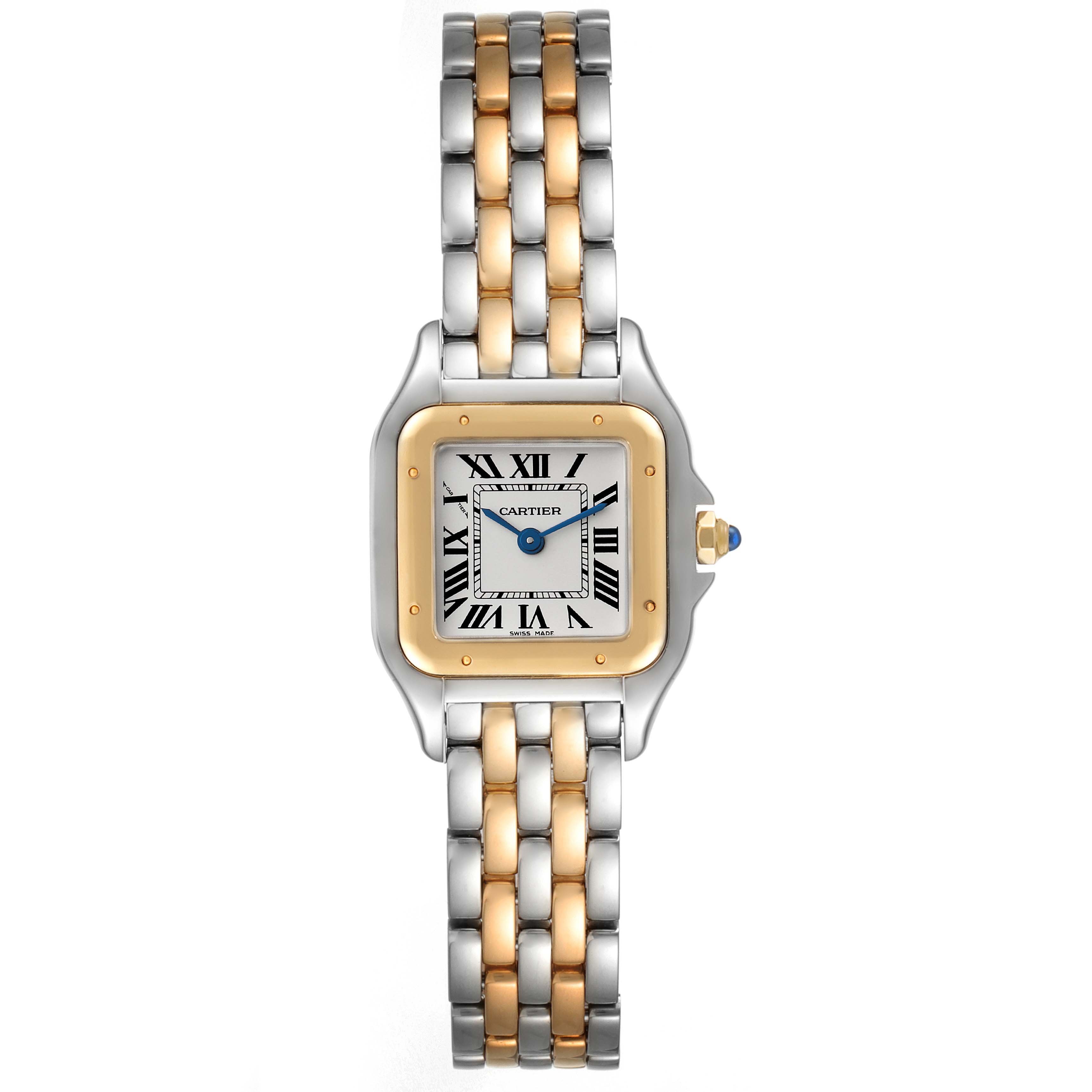 The image shows a front view of a Cartier Panthere W2PN0006 Women's Steel and Gold (two tone) Silver Dial W2PN0006 Women's Steel and Gold (two tone) Silver Dial watch, highlighting its two-tone bracelet, square dial, and signature blue hands.