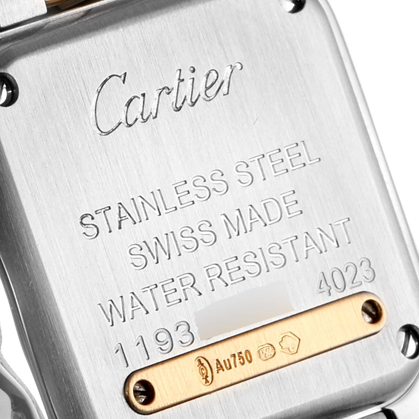 The image shows the back case of a Cartier Panthere W2PN0006 Women's Steel and Gold (two tone) Silver Dial W2PN0006 Women's Steel and Gold (two tone) Silver Dial model watch, highlighting its inscriptions and screws.