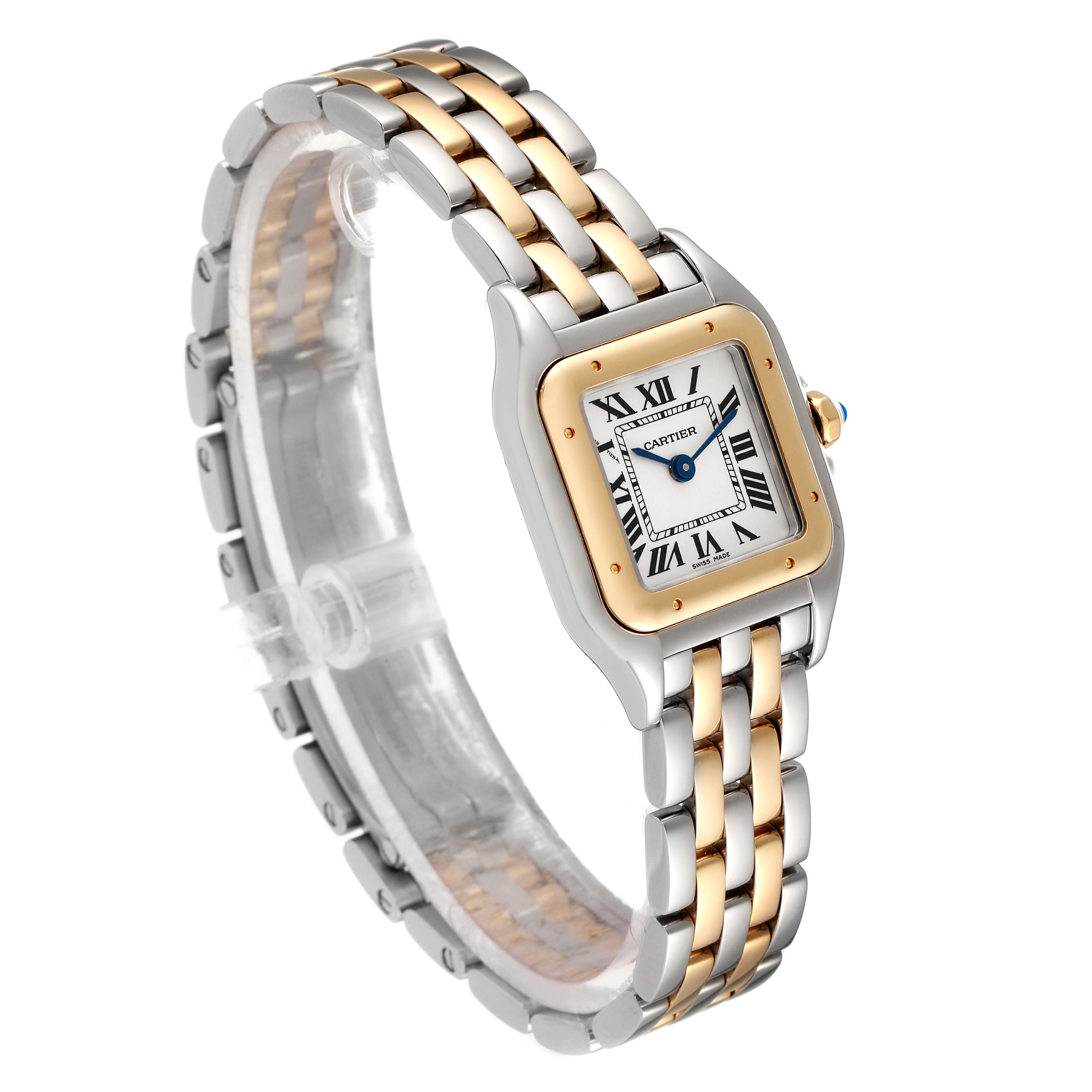 The image shows a three-quarter view of a Cartier Panthere W2PN0006 Women's Steel and Gold (two tone) Silver Dial W2PN0006 Women's Steel and Gold (two tone) Silver Dial watch, highlighting its two-tone bracelet and square face with Roman numerals.