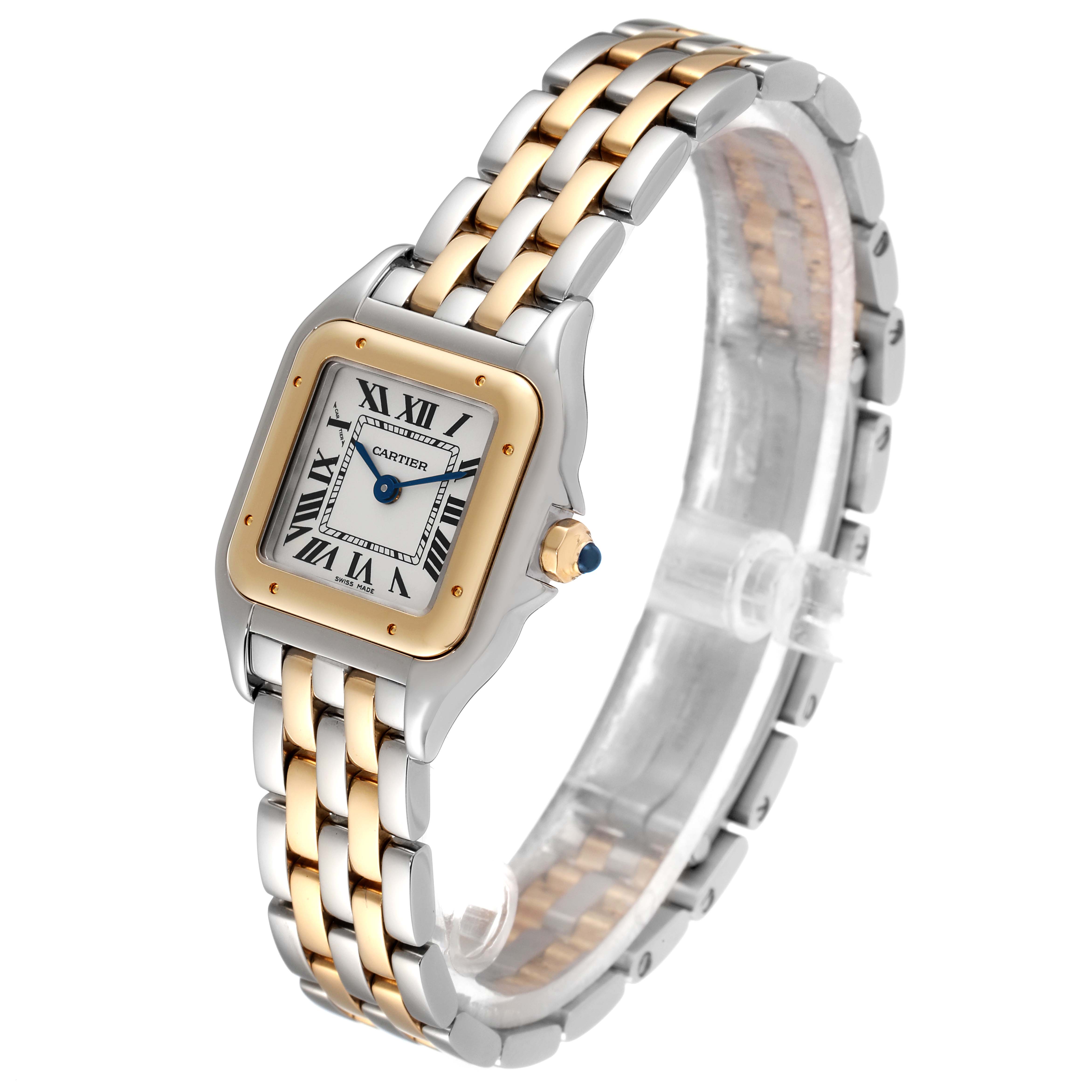 The image shows a Cartier Panthère watch at a three-quarter angle, highlighting its face, crown, and metal bracelet.